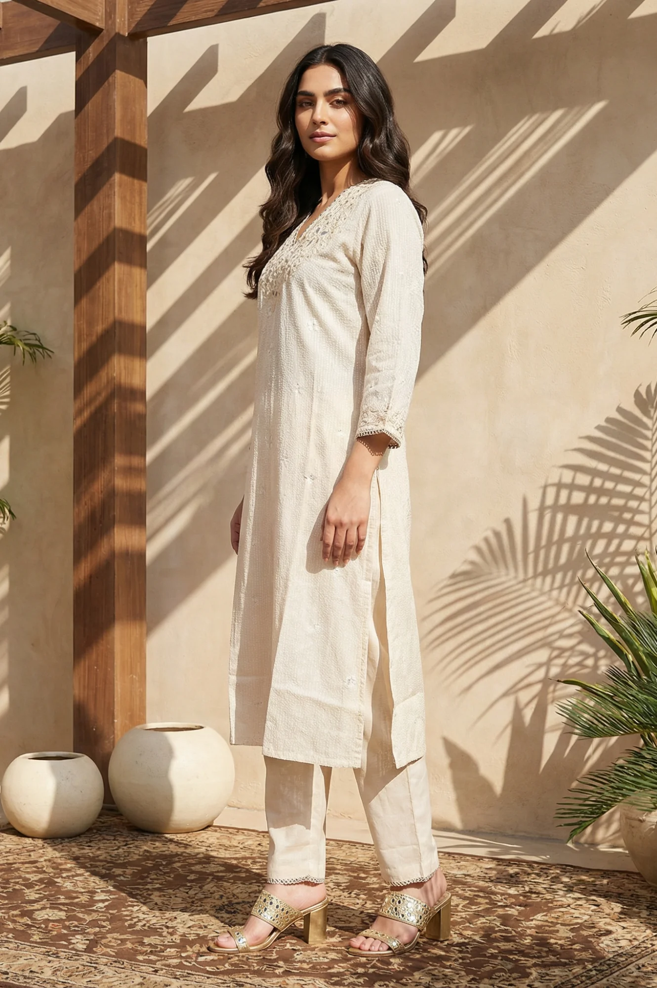 Beige Embroidered Rayon Straight Kurta with Pants Set - Image 3