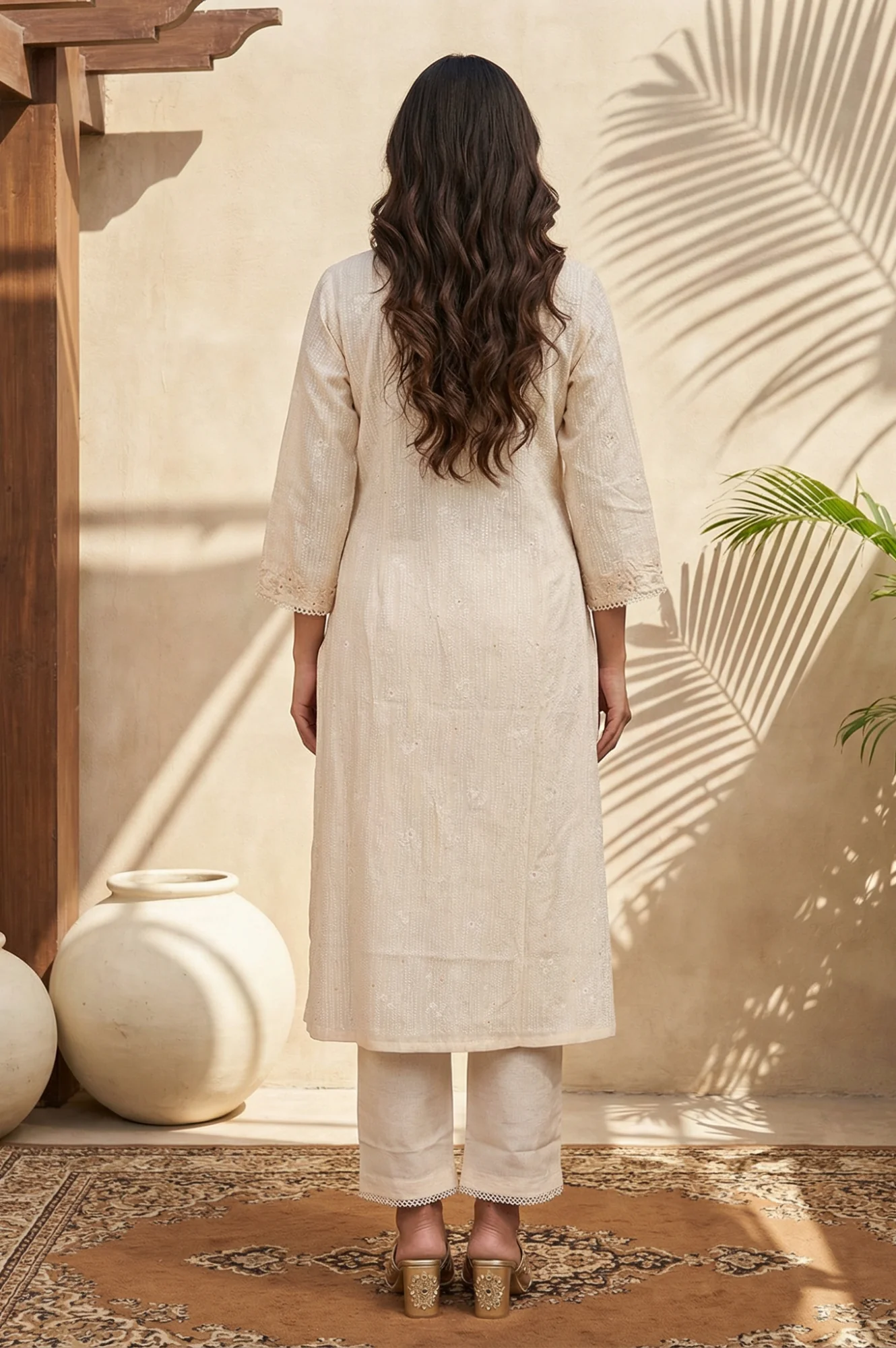 Beige Embroidered Rayon Straight Kurta with Pants Set - Image 4