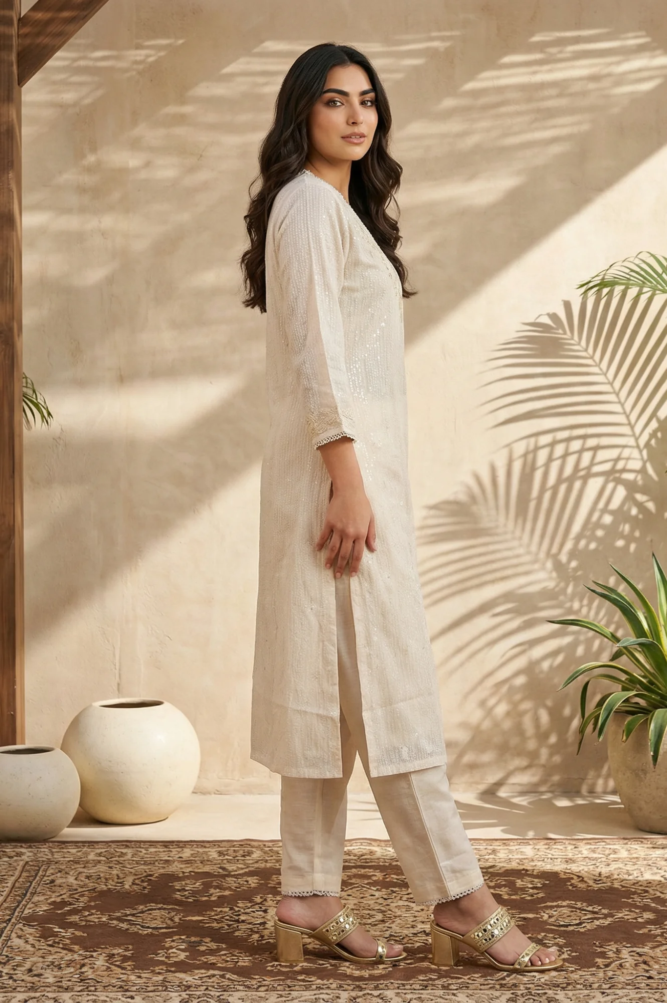 Beige Embroidered Rayon Straight Kurta with Pants Set - Image 5