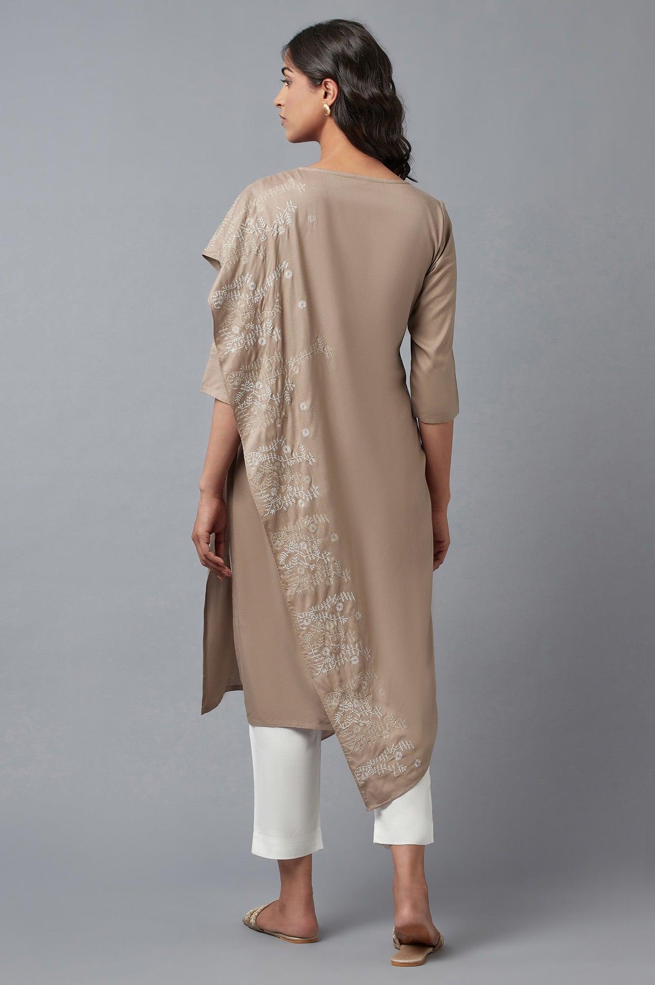 Beige Saree draped kurta In V-Neck With Thread Embroidery - Image 2