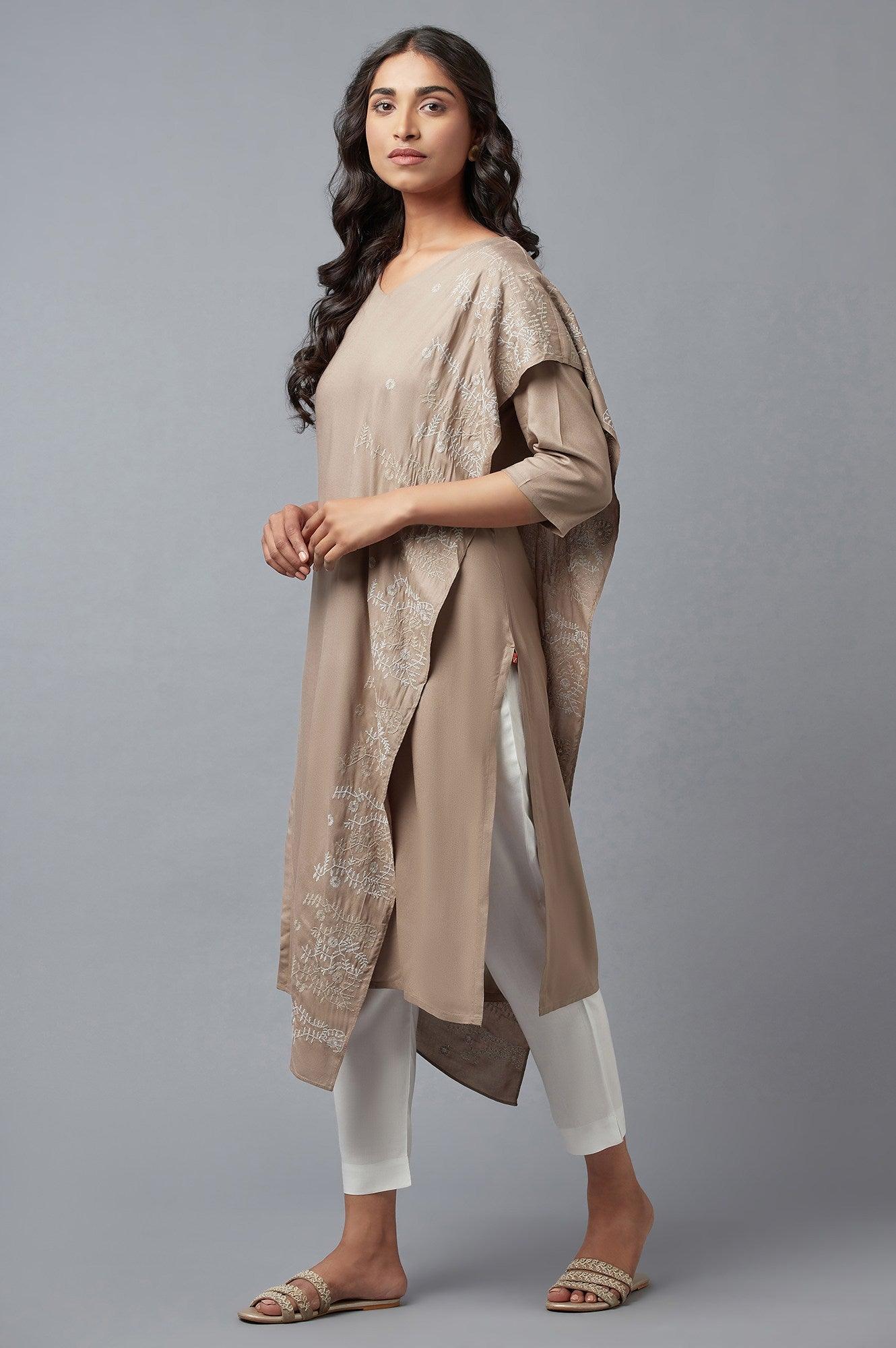 Beige Saree draped kurta In V-Neck With Thread Embroidery - Image 3