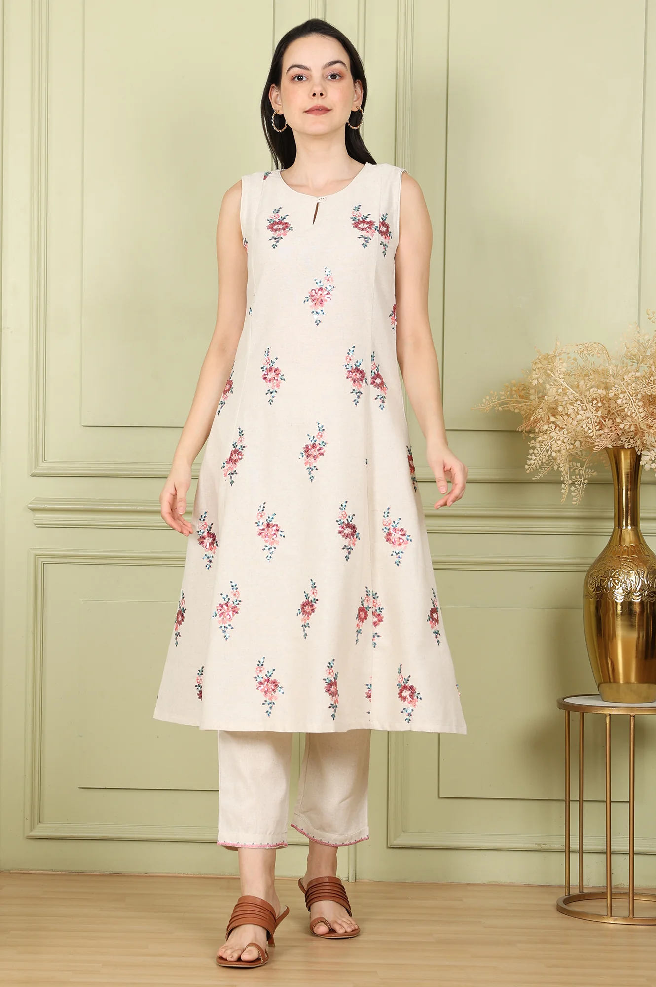 Beige Sleeveless Panelled Floral Sequined Linen Blend Flared Kurta With Straight Pants Set - Image 2