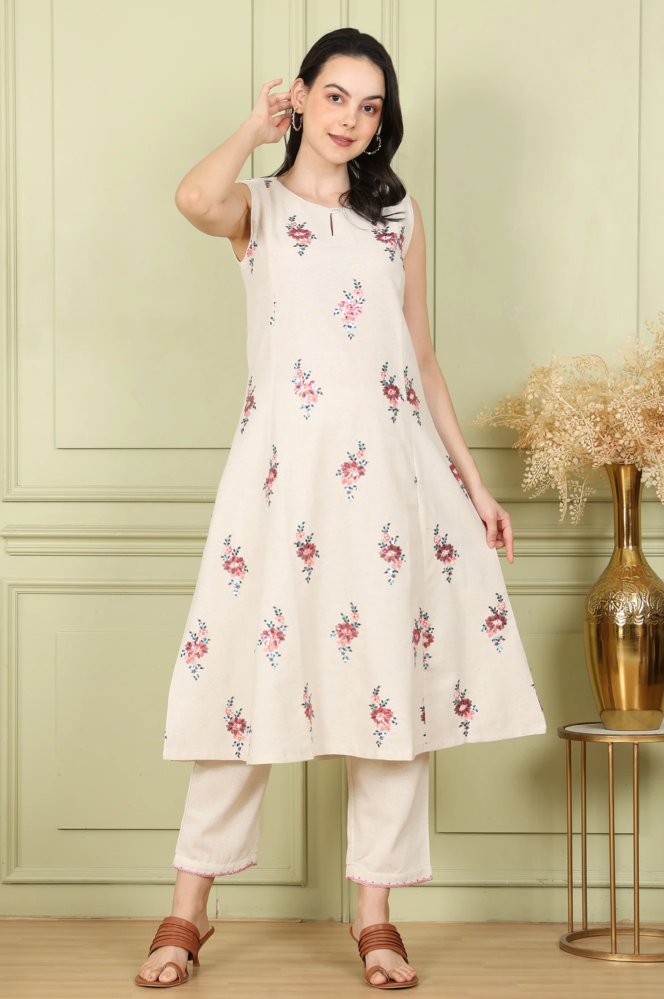 Beige Sleeveless Panelled Floral Sequined Linen Blend Flared Kurta With Straight Pants Set - Image 6