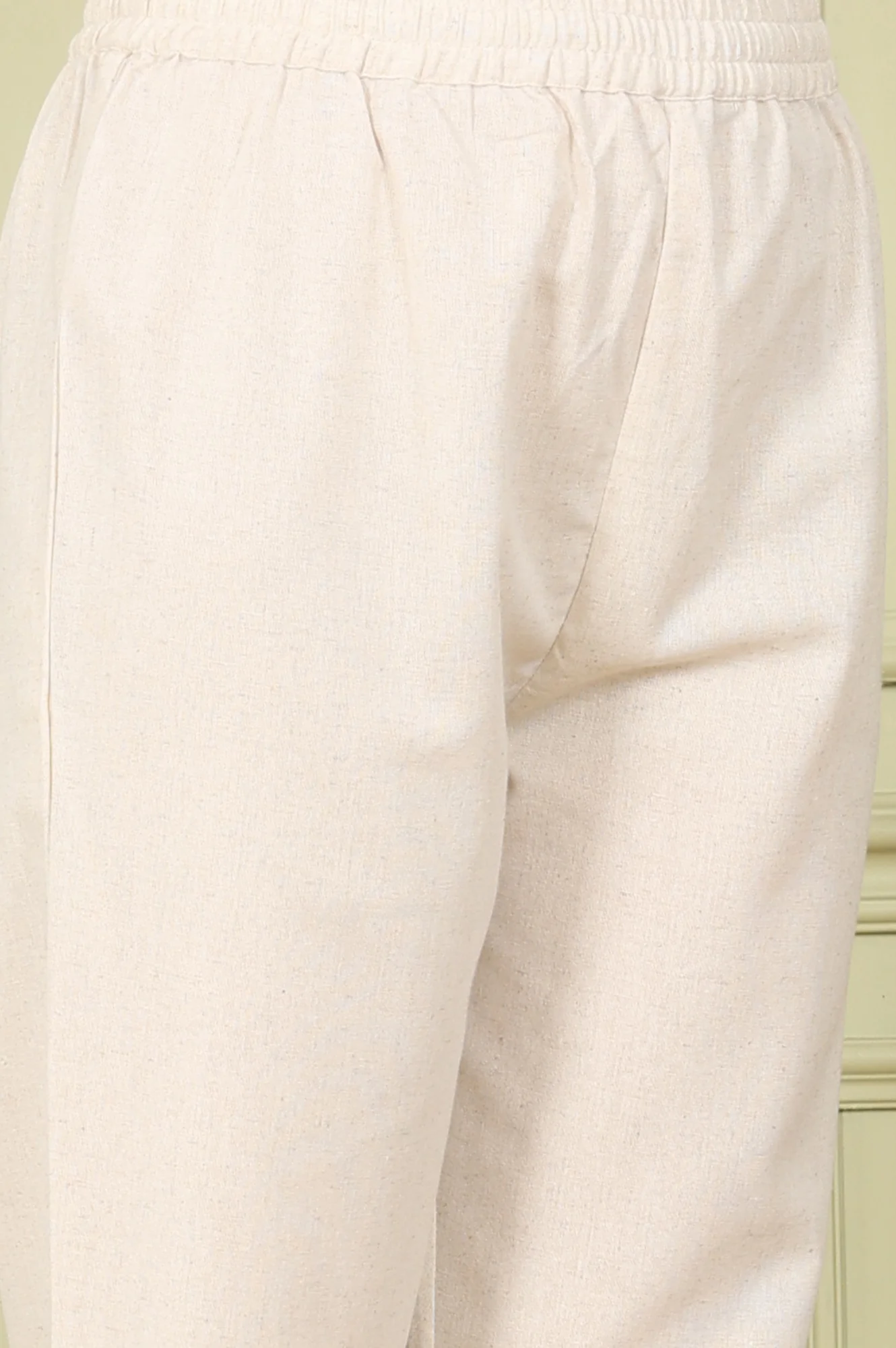 Beige Sleeveless Panelled Floral Sequined Linen Blend Flared Kurta With Straight Pants Set - Image 8