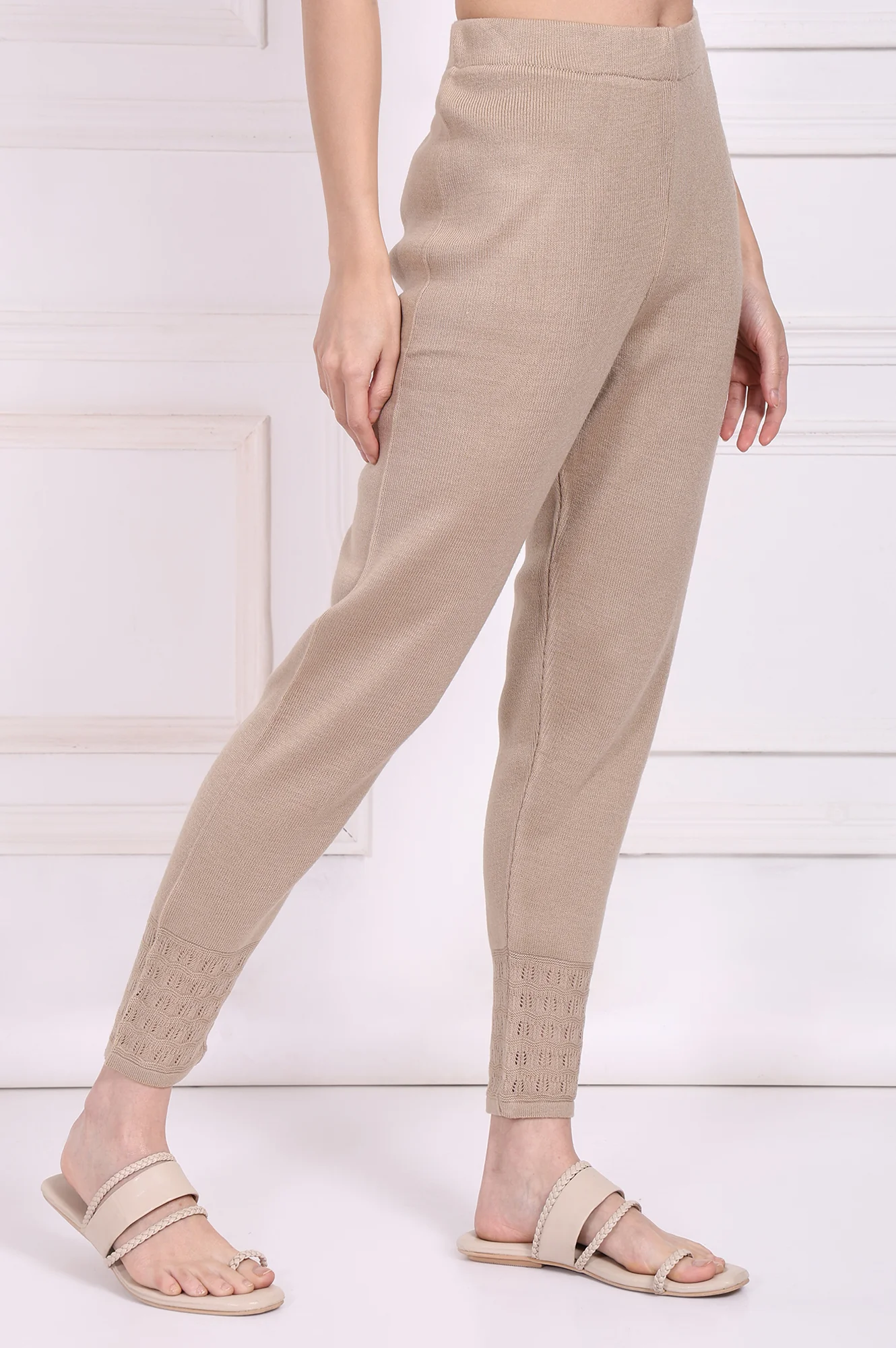 Beige Solid Acrylic Winter Legging - Image 3