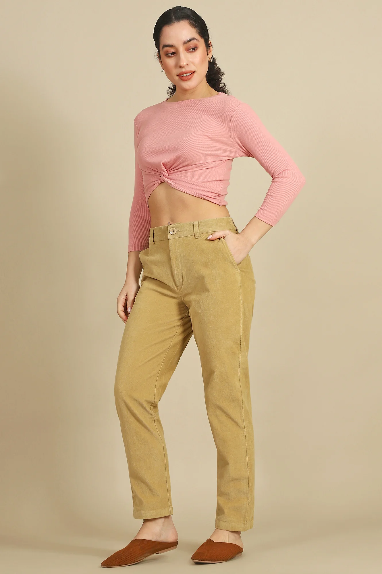 Elleven Women's Beige Solid Straight Fit Cotton Pants with YKK Zipper
