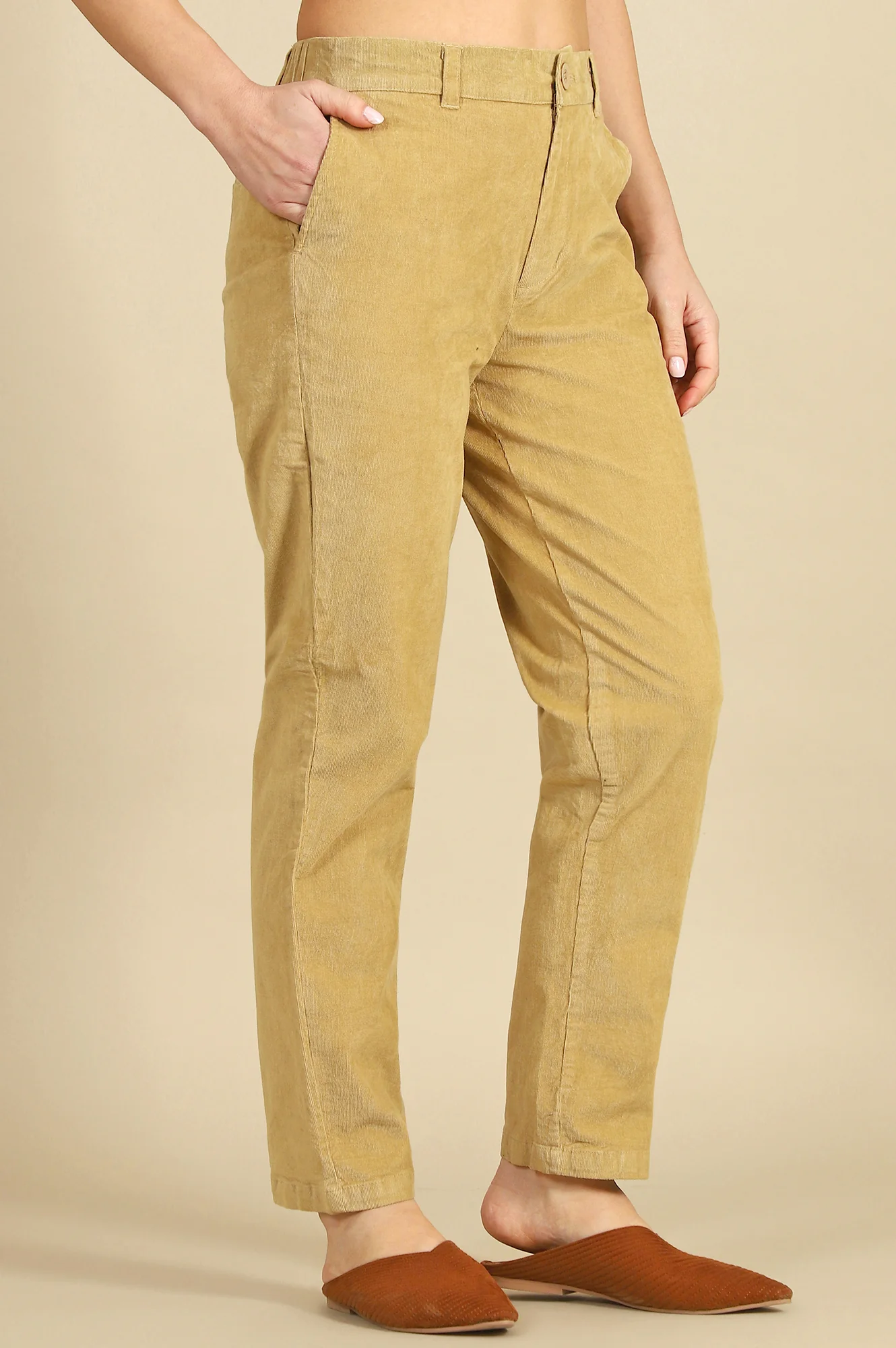 Elleven Women's Beige Solid Straight Fit Cotton Pants with YKK Zipper - Image 5