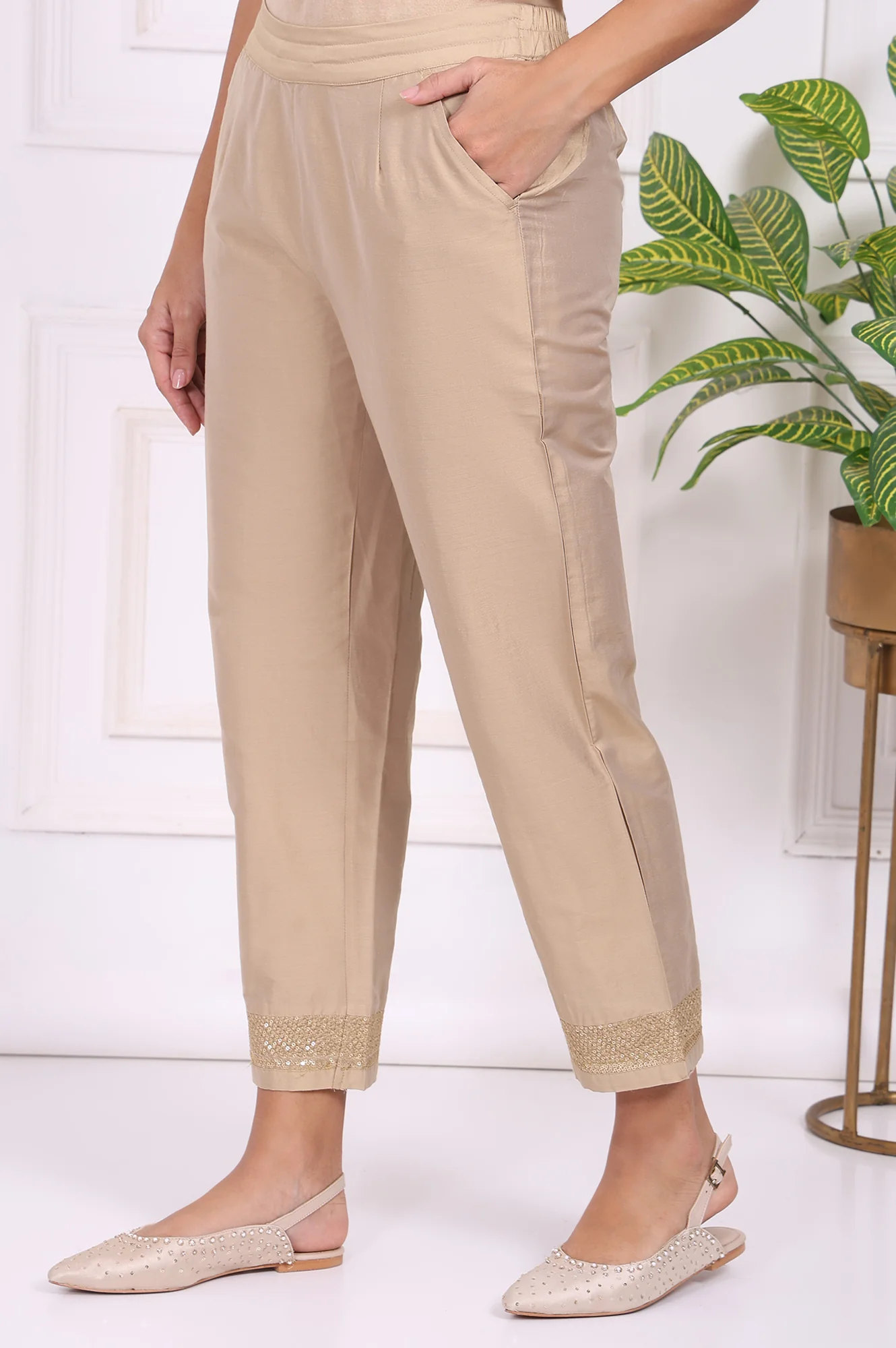 Beige Solid Embroidered Mid Rise Ankle Length Straight Pants - Image 2