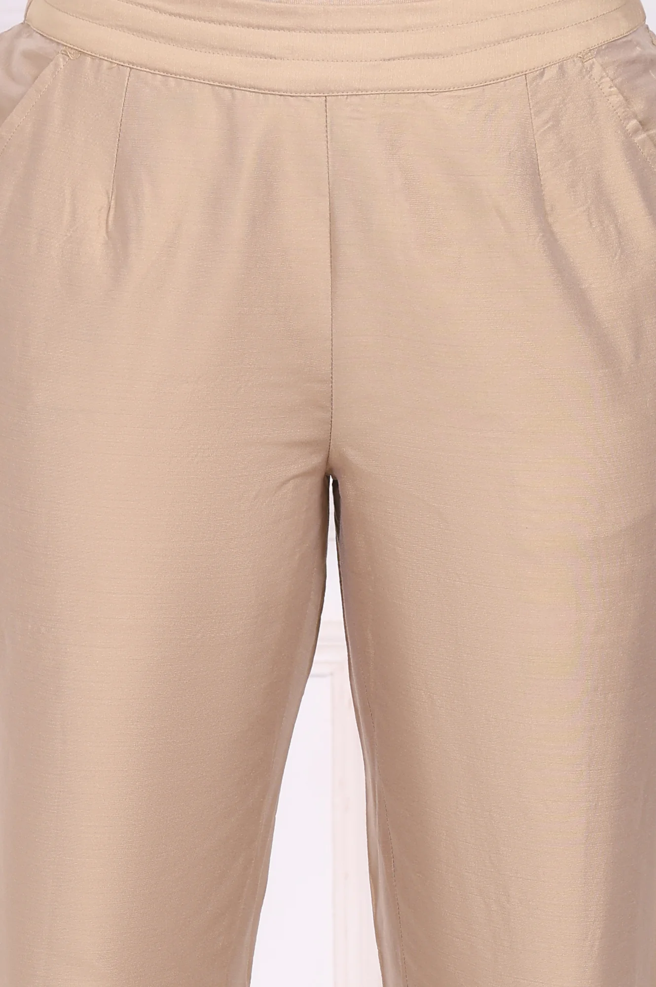Beige Solid Embroidered Mid Rise Ankle Length Straight Pants - Image 6