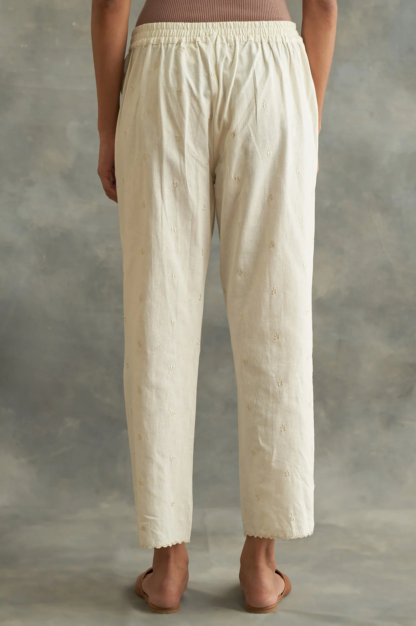 Beige Solid Embroidered Straight Cotton Pant - Image 2