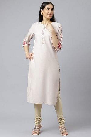 Beige Solid Knitted Churidar - Image 4