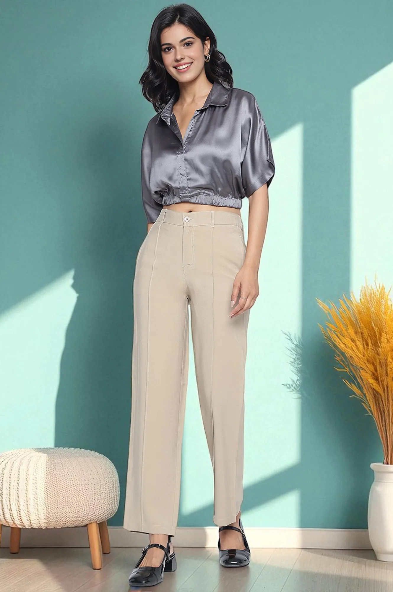 Elleven Women's Beige Solid Korea Rayon Twill Pants In Ankle Length with YKK Zipper - Image 6