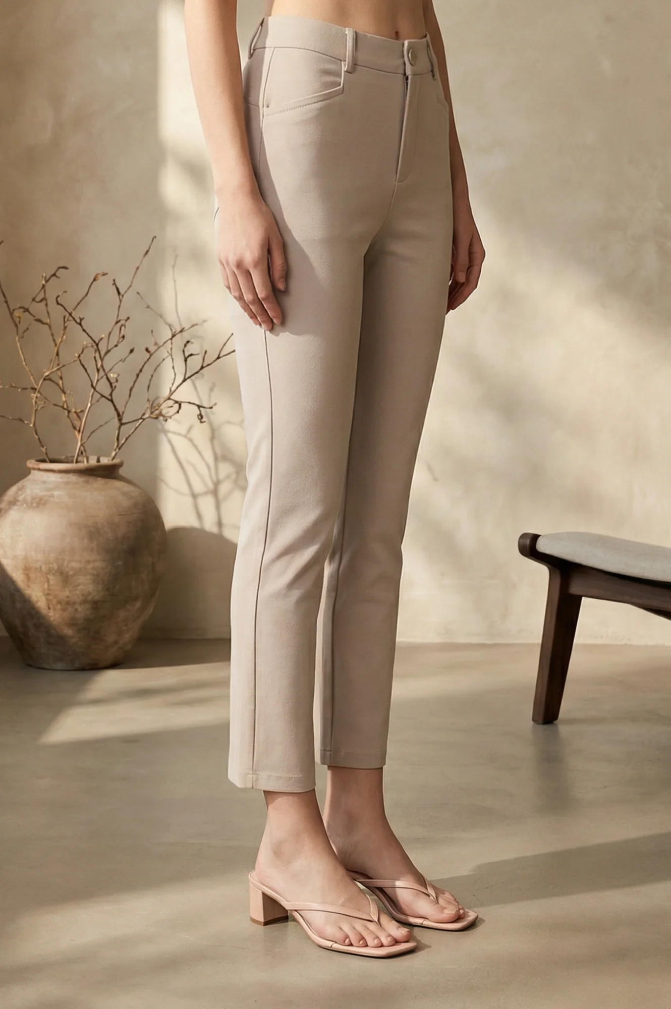 Elleven Women's Beige Solid Modal Slim Fit Crop Mid Rise Boss Pants - Image 7