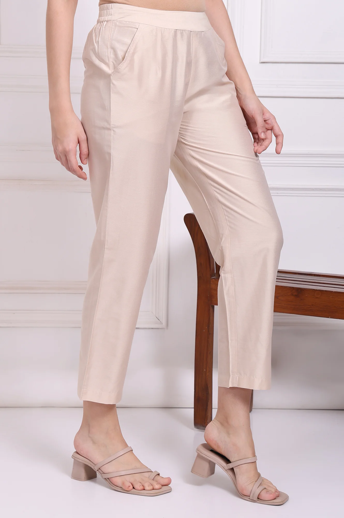 Beige Solid Rayon Straight Pants - Image 3