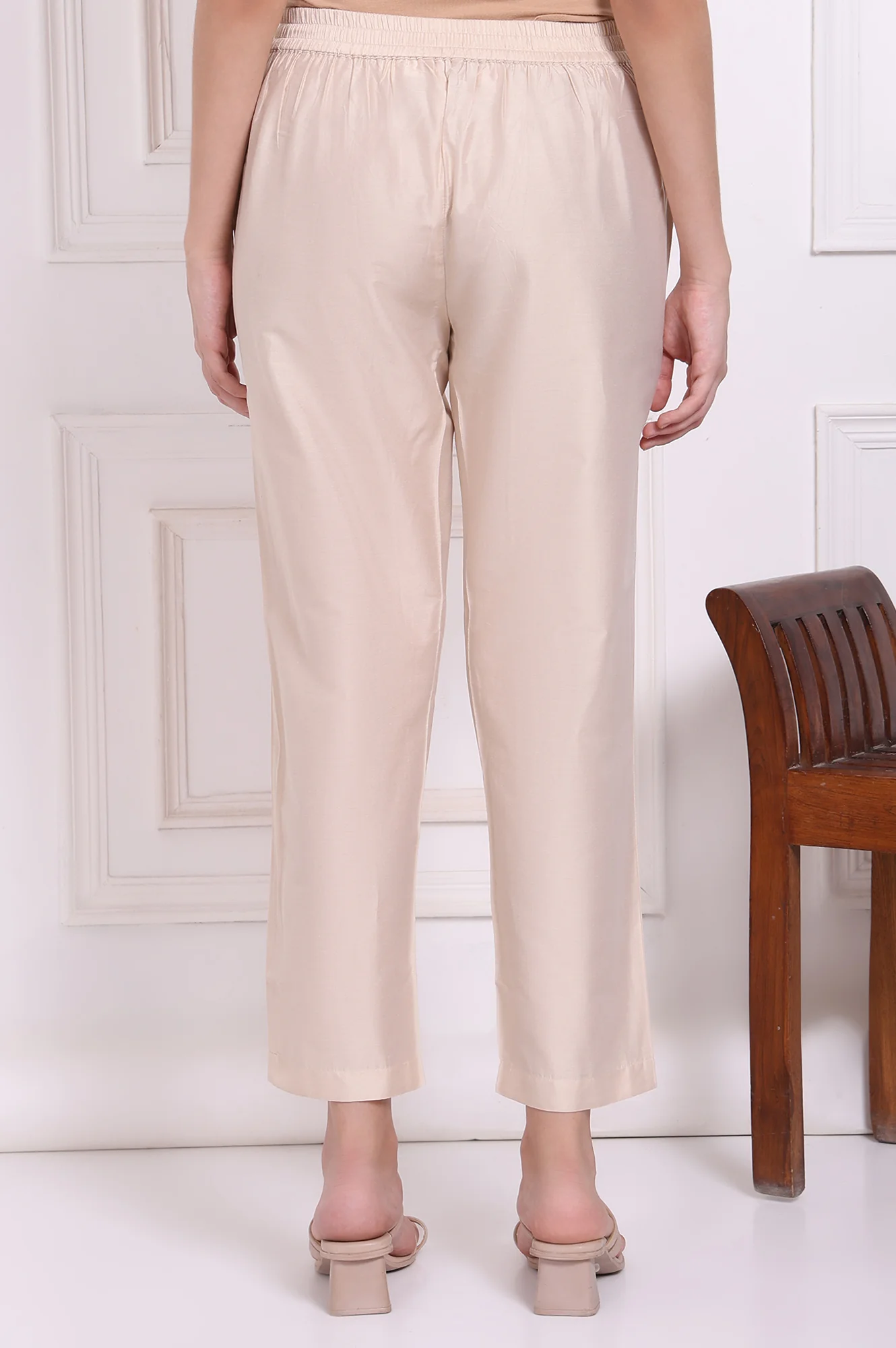 Beige Solid Rayon Straight Pants - Image 4