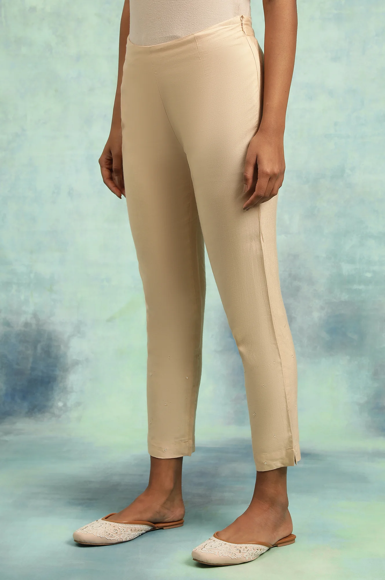 Beige Solid Slim Pants - Image 3