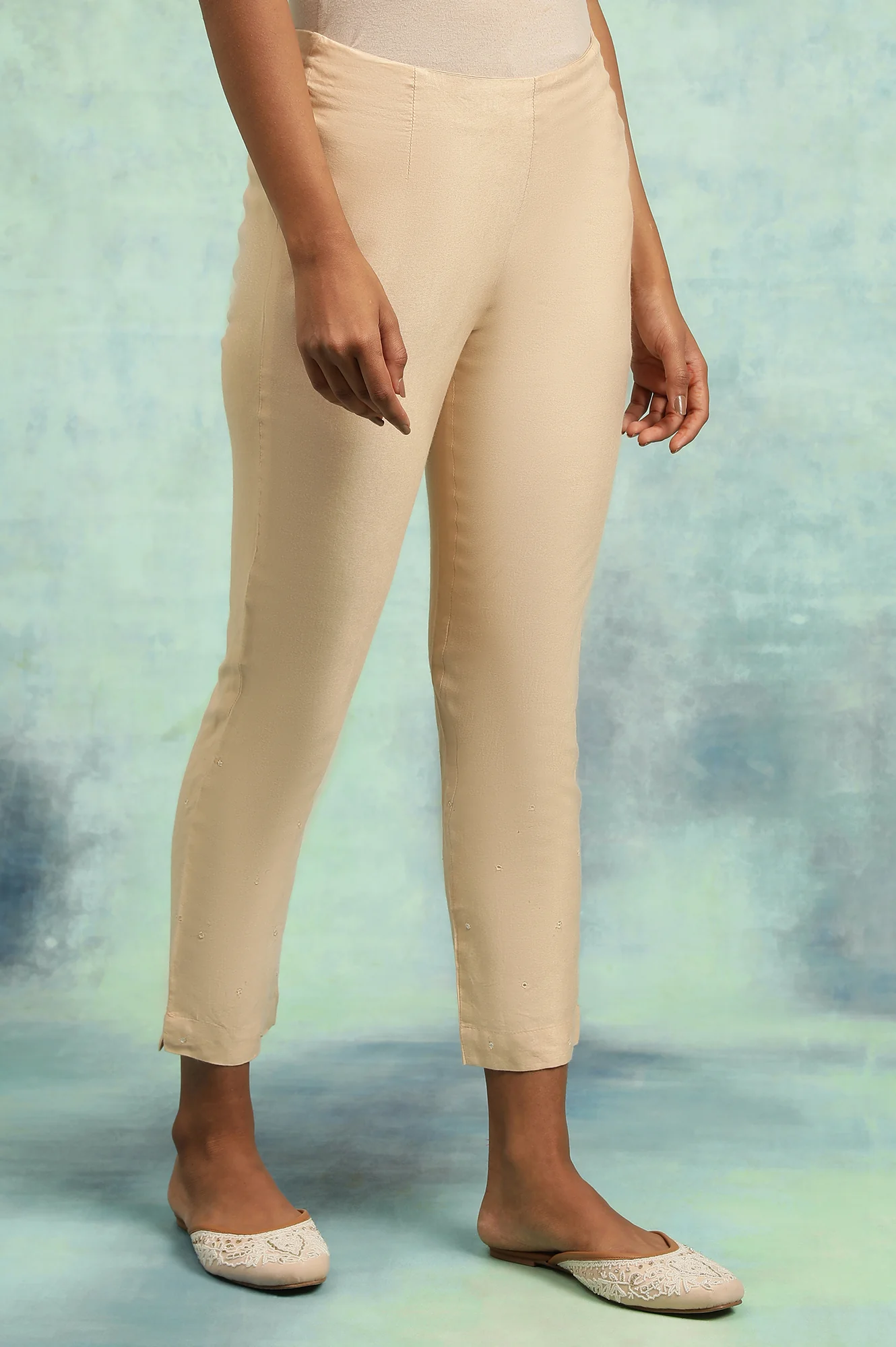 Beige Solid Slim Pants - Image 4