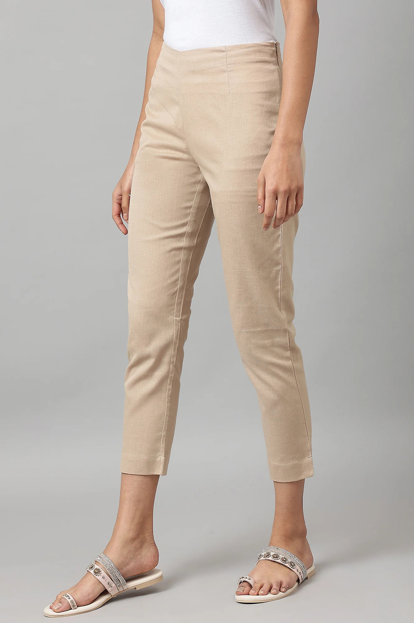 Beige Solid Slim Straight Leg Cotton Trouser - Image 2
