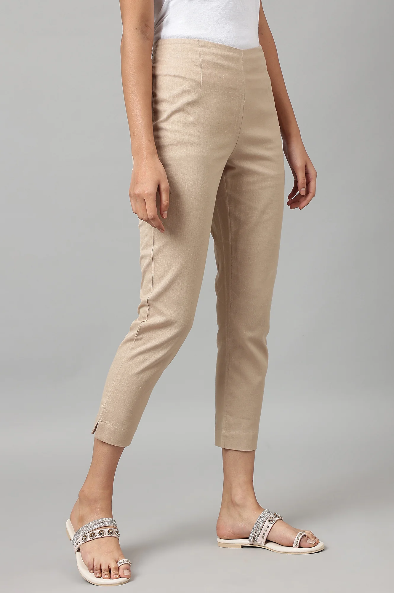 Beige Solid Slim Straight Leg Cotton Trouser - Image 5