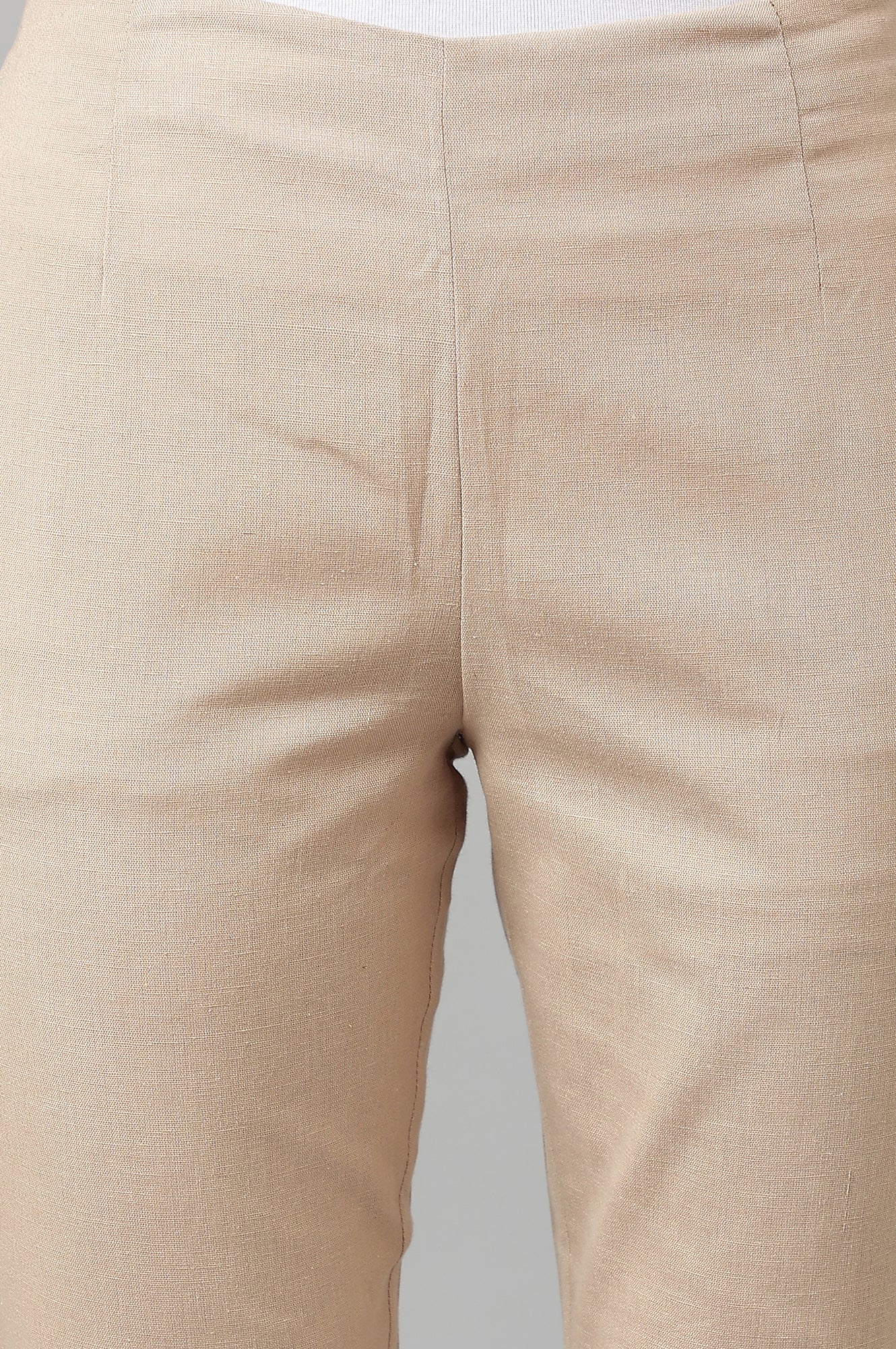 Beige Solid Slim Straight Leg Cotton Trouser - Image 8