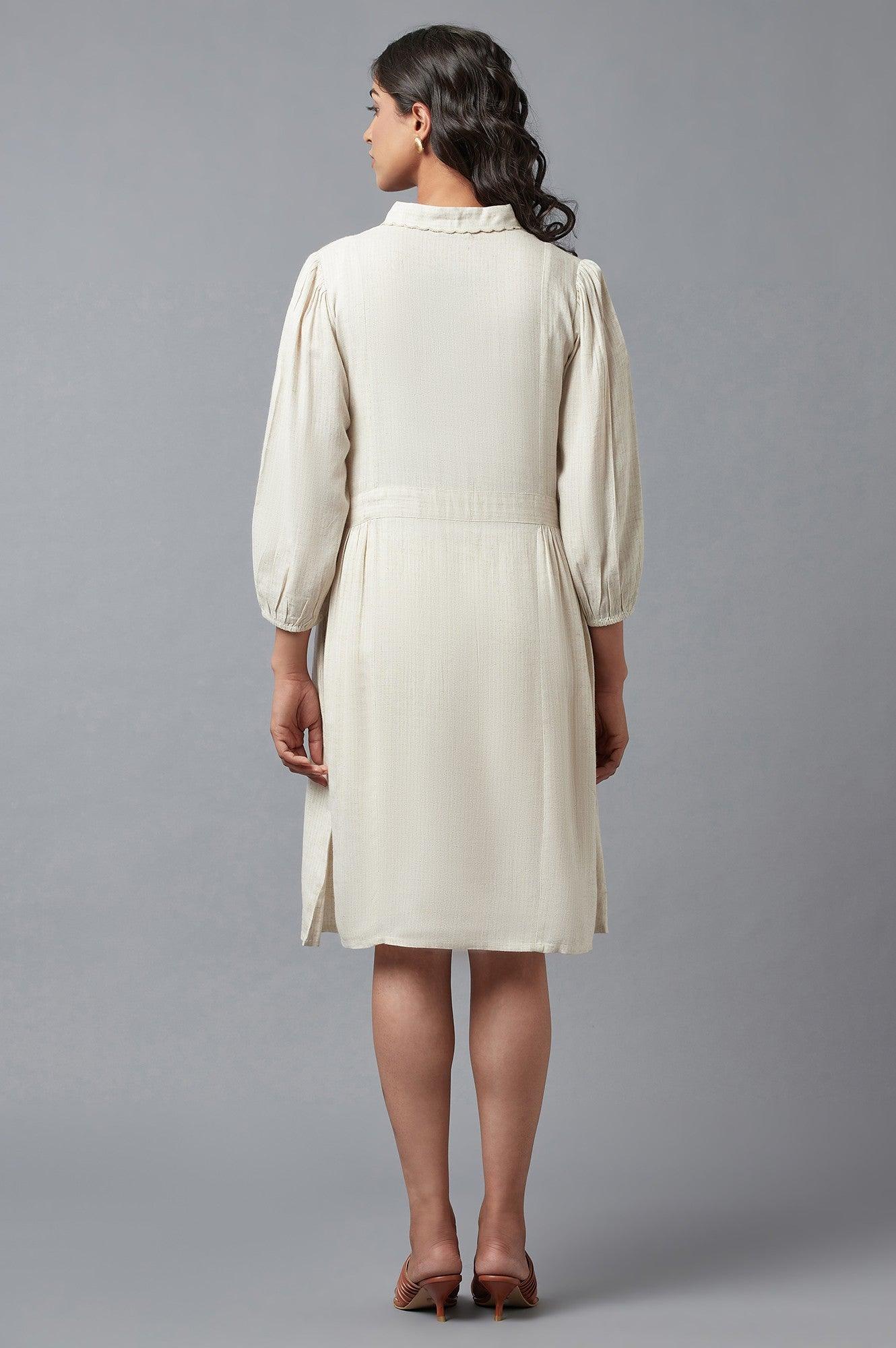 Beige Solid Straight Dress With Thread Embroidery - Image 2