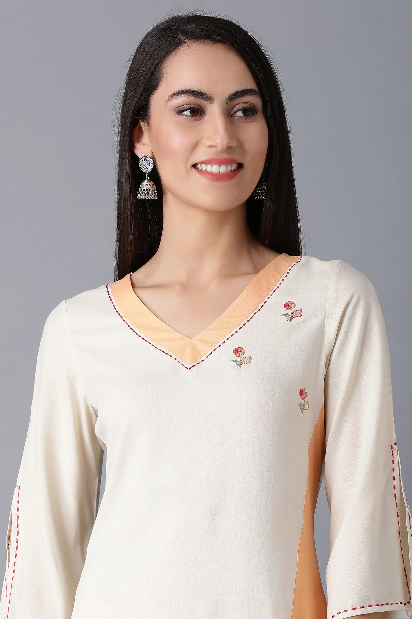 Beige Solid Thread Embroidered Rayon Asymmetric Kurta and Slim Pant Set - Image 2