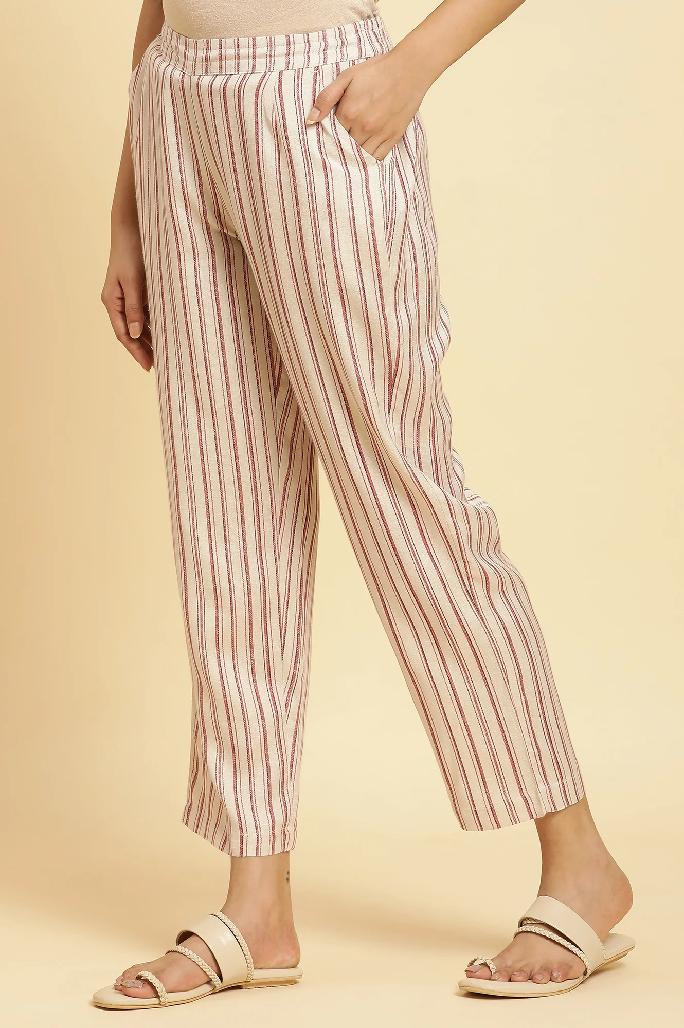 Beige Straight Pants With Red Stripes - Image 2