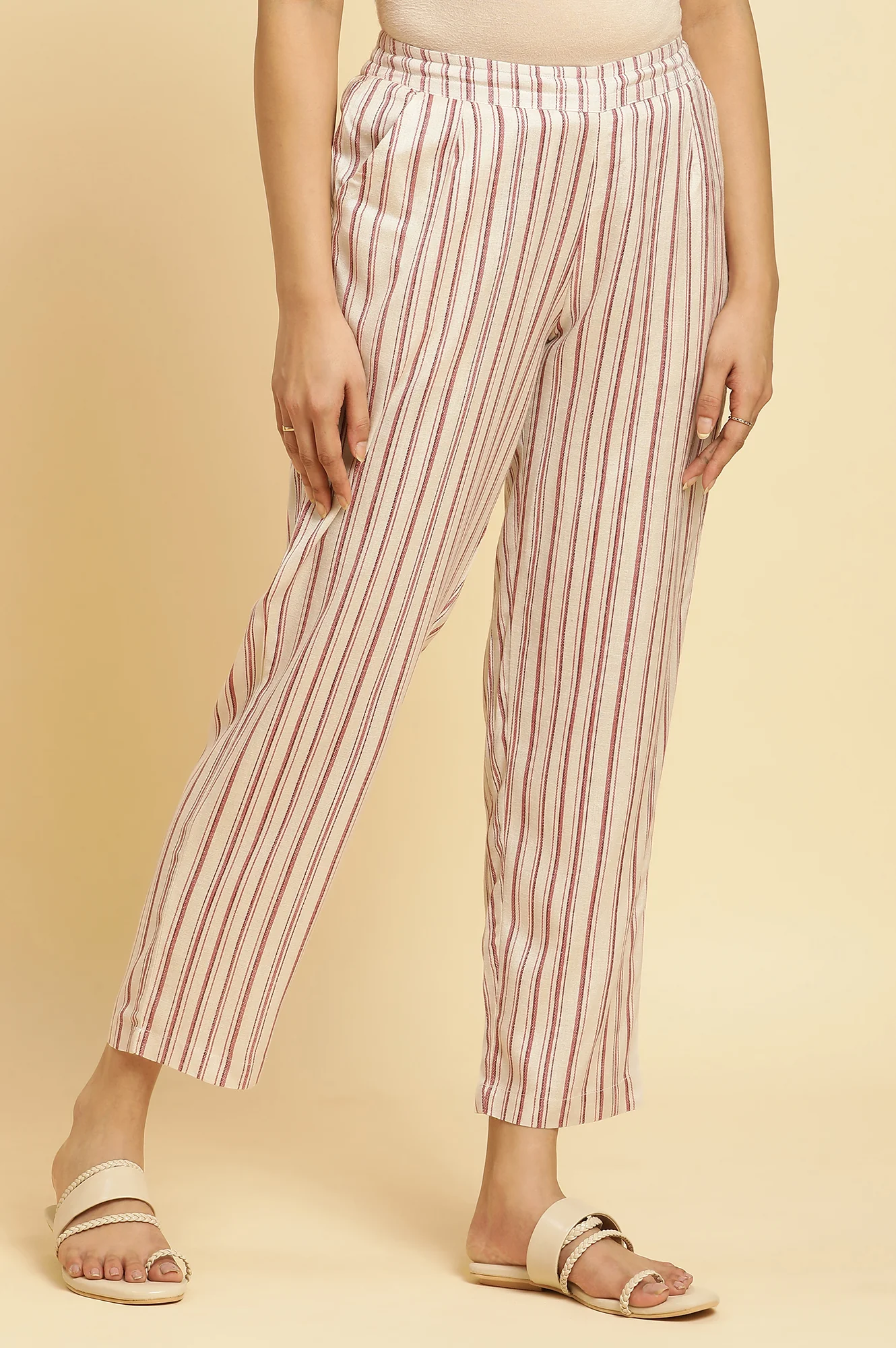Beige Straight Pants With Red Stripes - Image 4