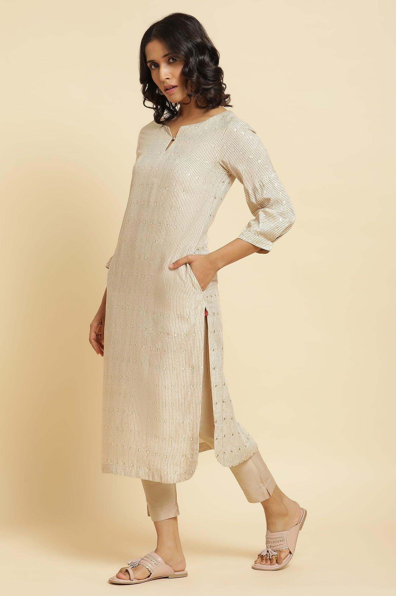 Beige Stripe Printed Kurta & Pants Set - Image 3