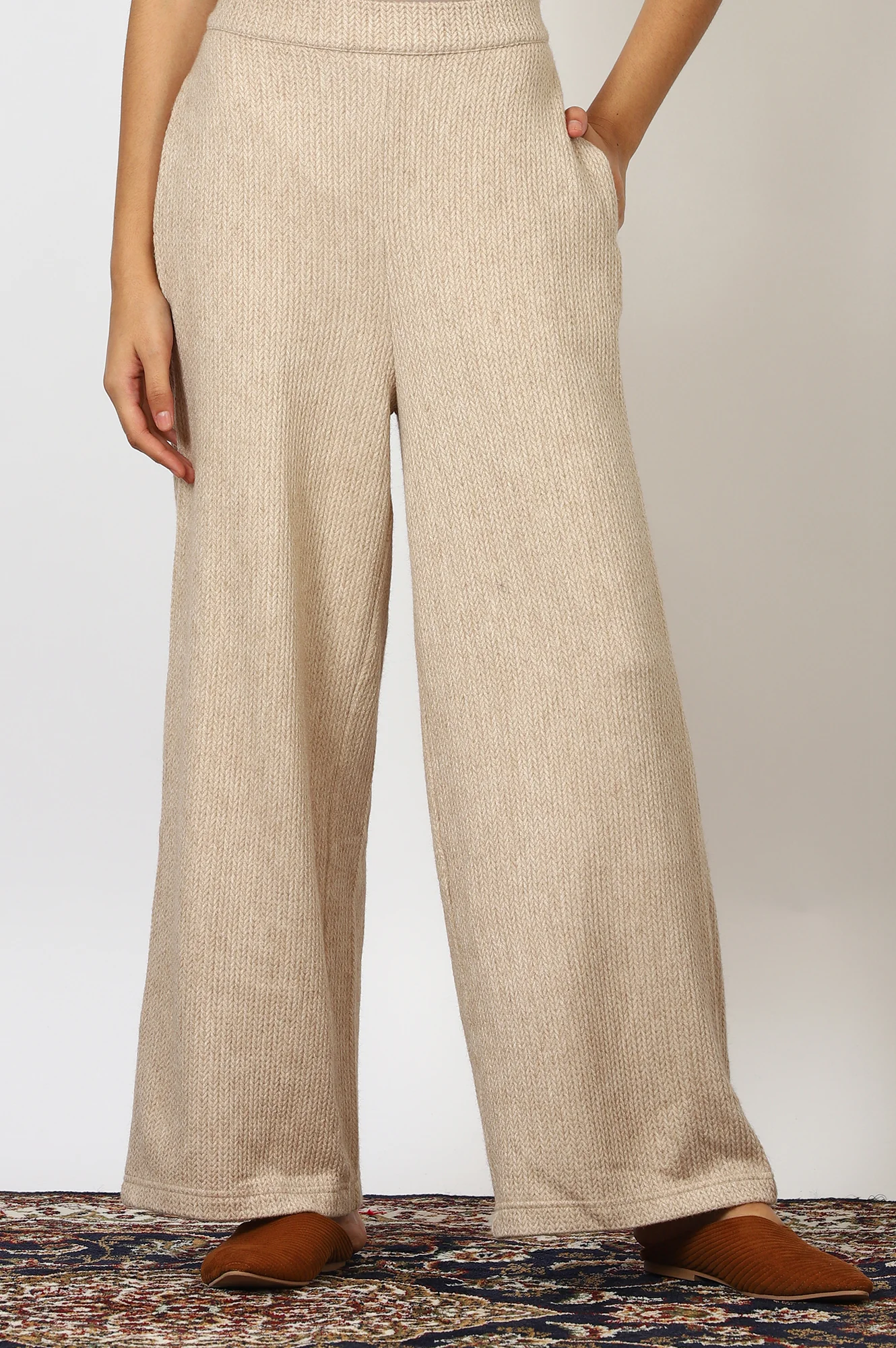 Beige Textured Ankle Length Wide Leg Parallel Pants