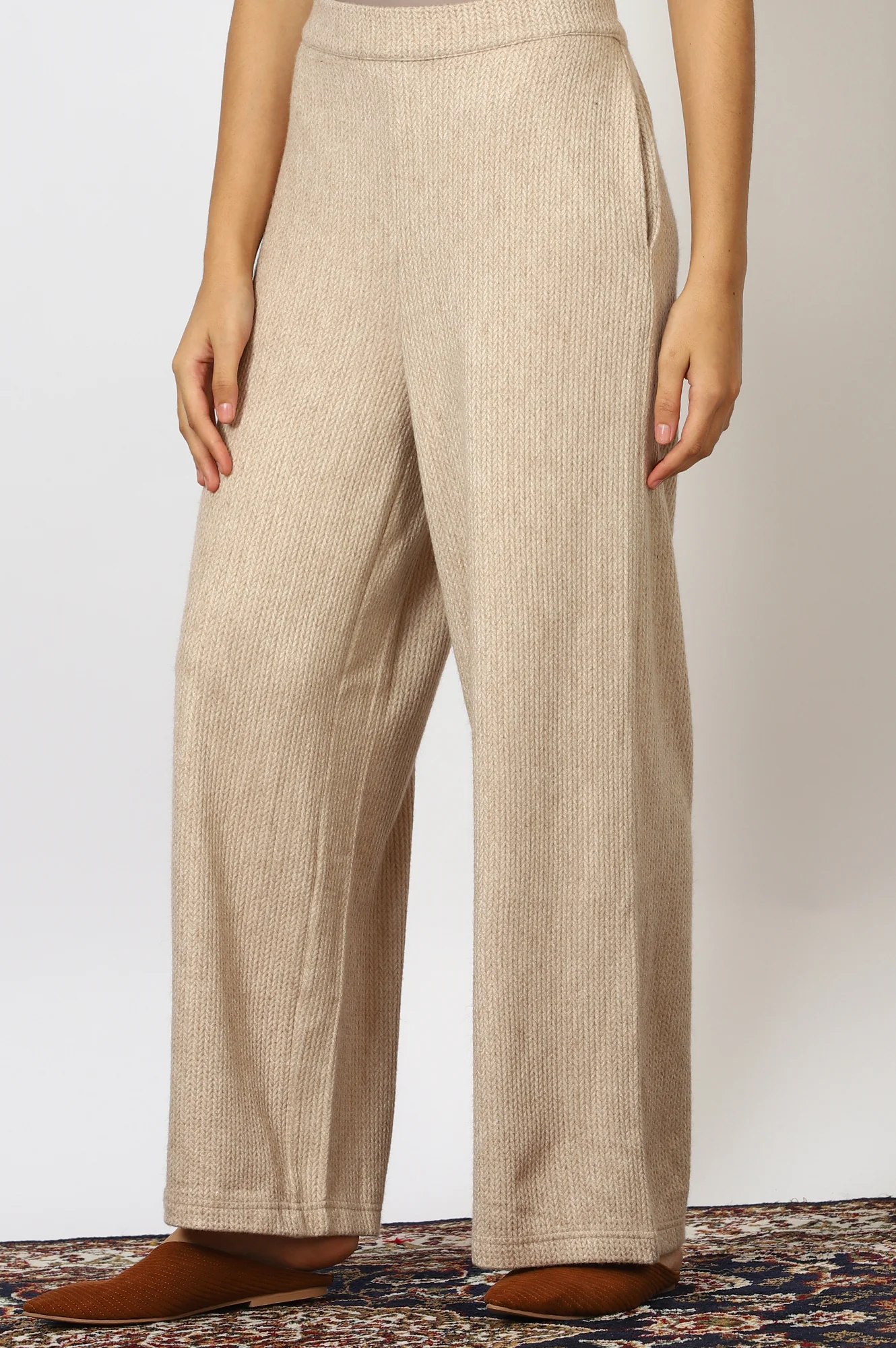 Beige Textured Ankle Length Wide Leg Parallel Pants - Image 4