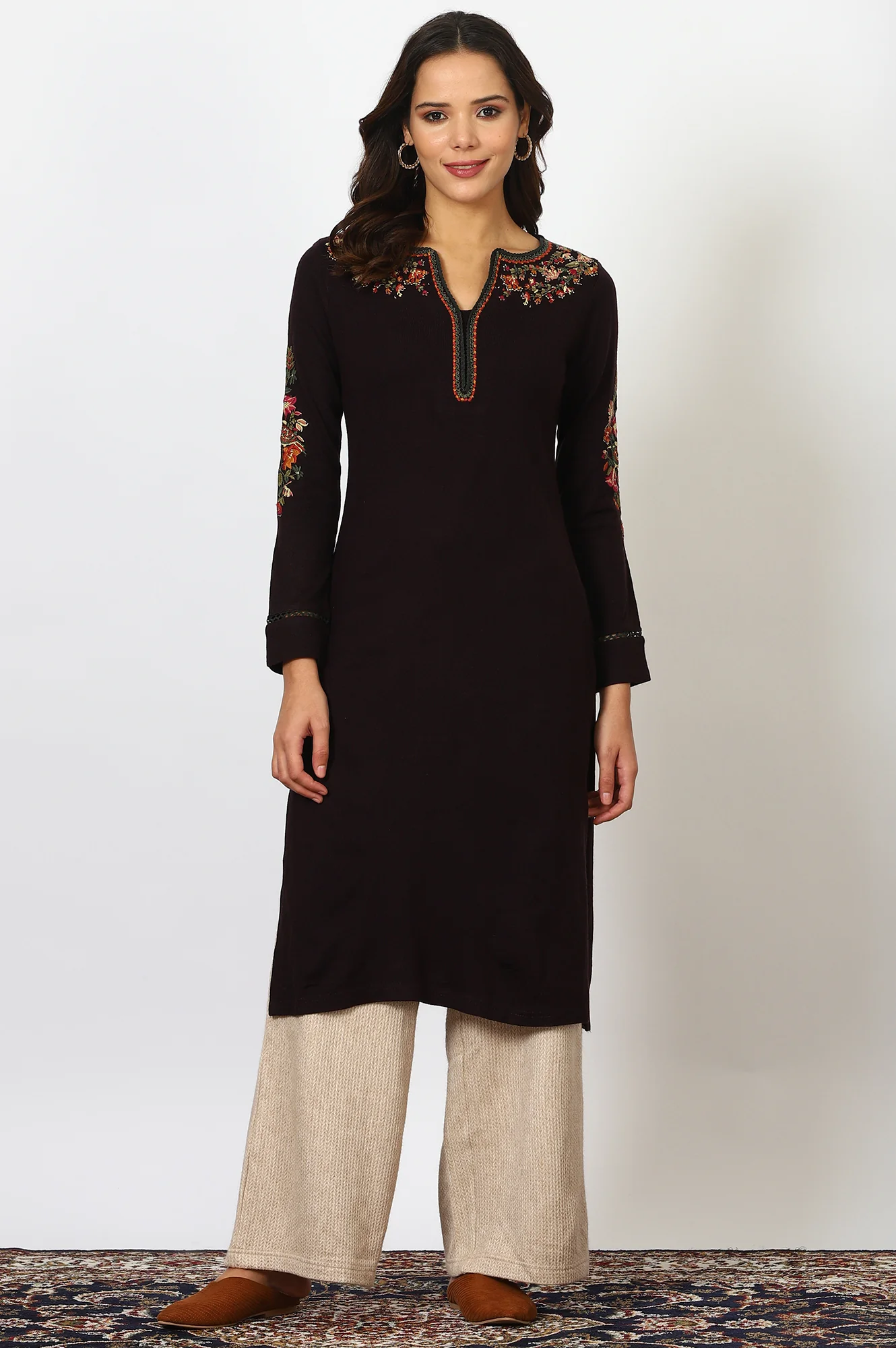 Beige Textured Ankle Length Wide Leg Parallel Pants - Image 5