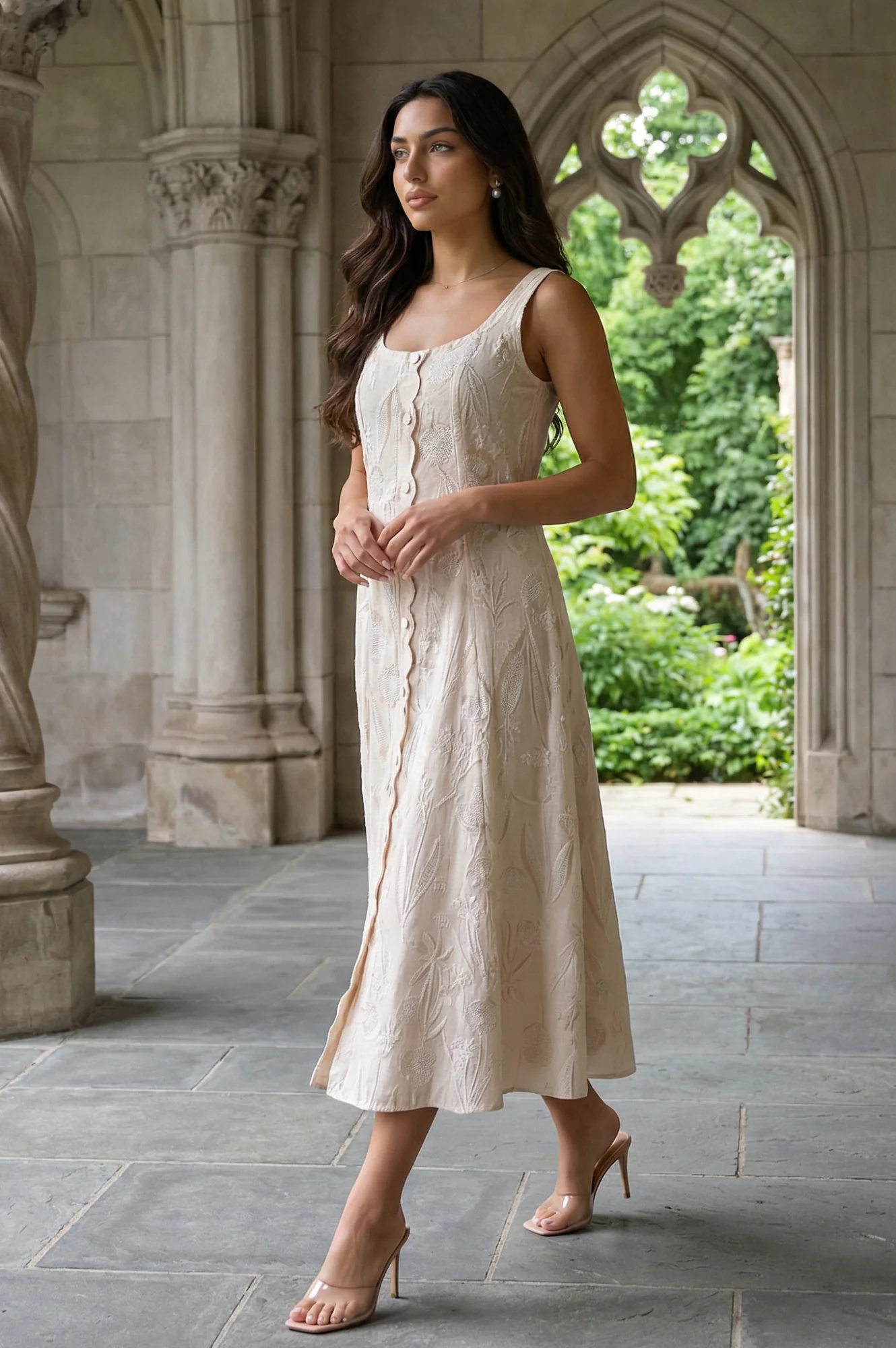Beige Textured Cotton Blend Embroidered A-line Western Dress - Image 3