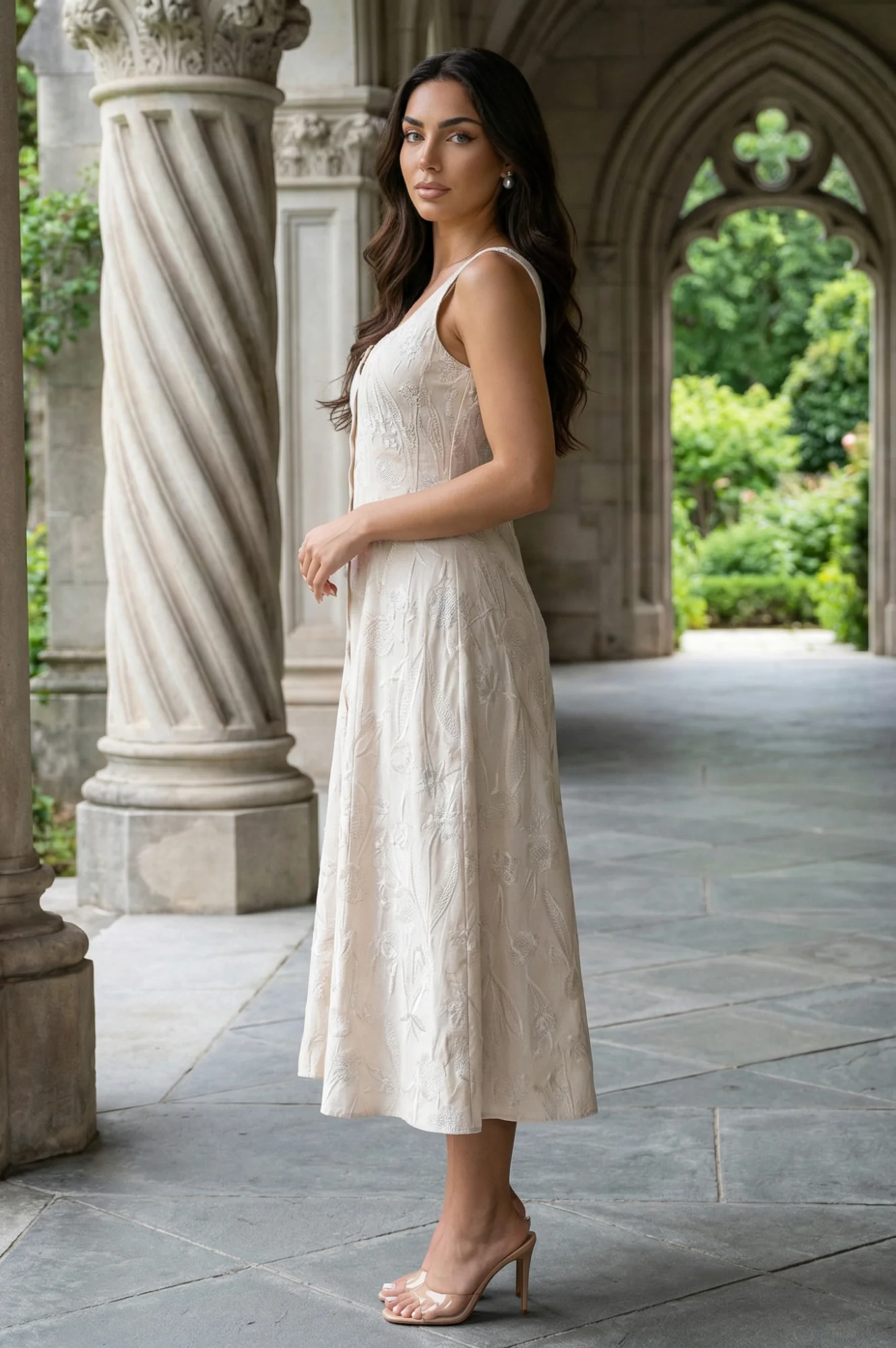Beige Textured Cotton Blend Embroidered A-line Western Dress - Image 4