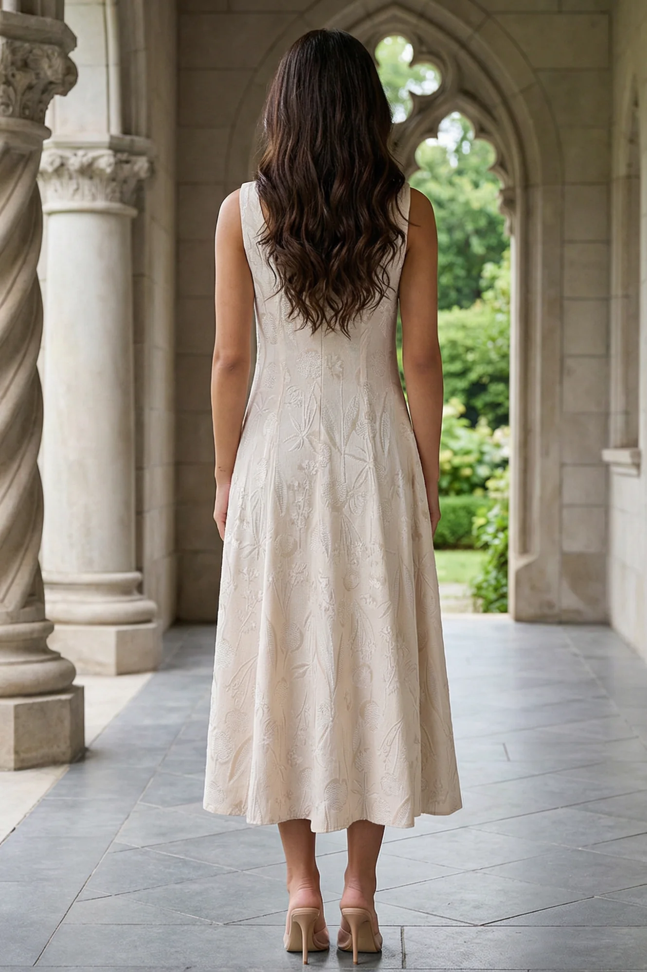 Beige Textured Cotton Blend Embroidered A-line Western Dress - Image 5