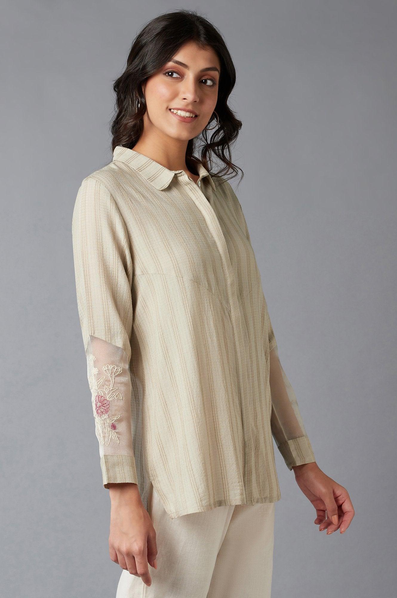 Beige Textured Shirt With Embroidered Sleeves - Image 3