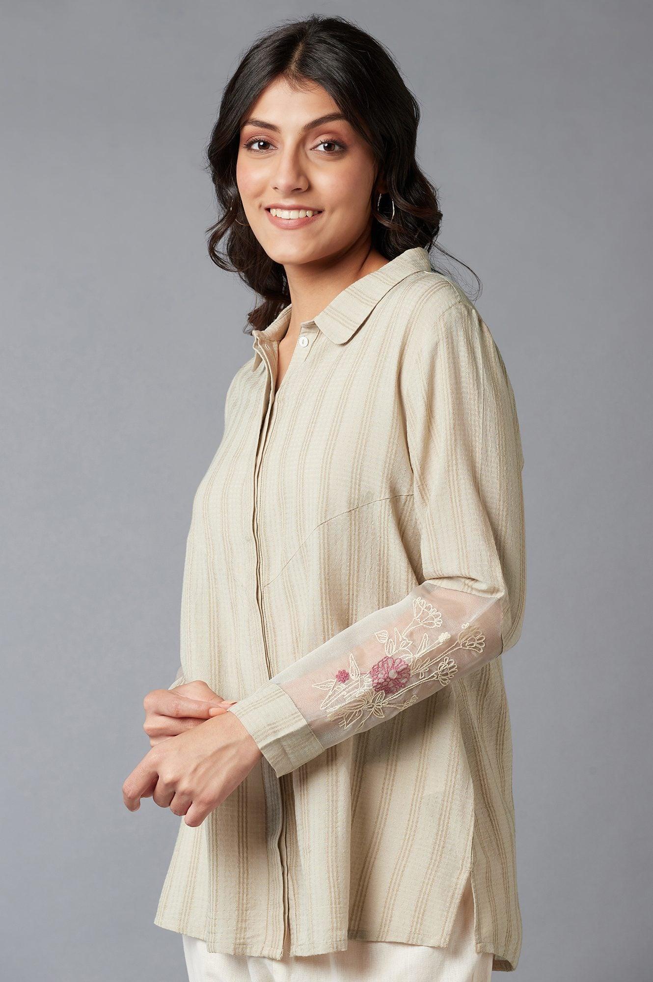 Beige Textured Shirt With Embroidered Sleeves - Image 6