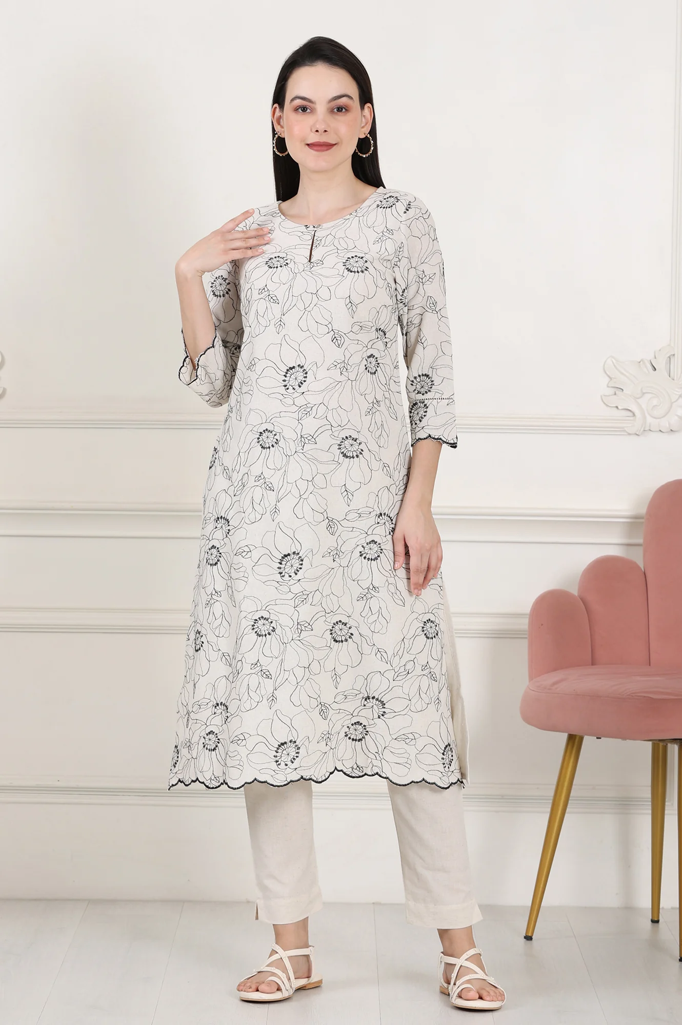Beige Thread Work Linen Straight Kurta With Scalloped Hemline - Image 2
