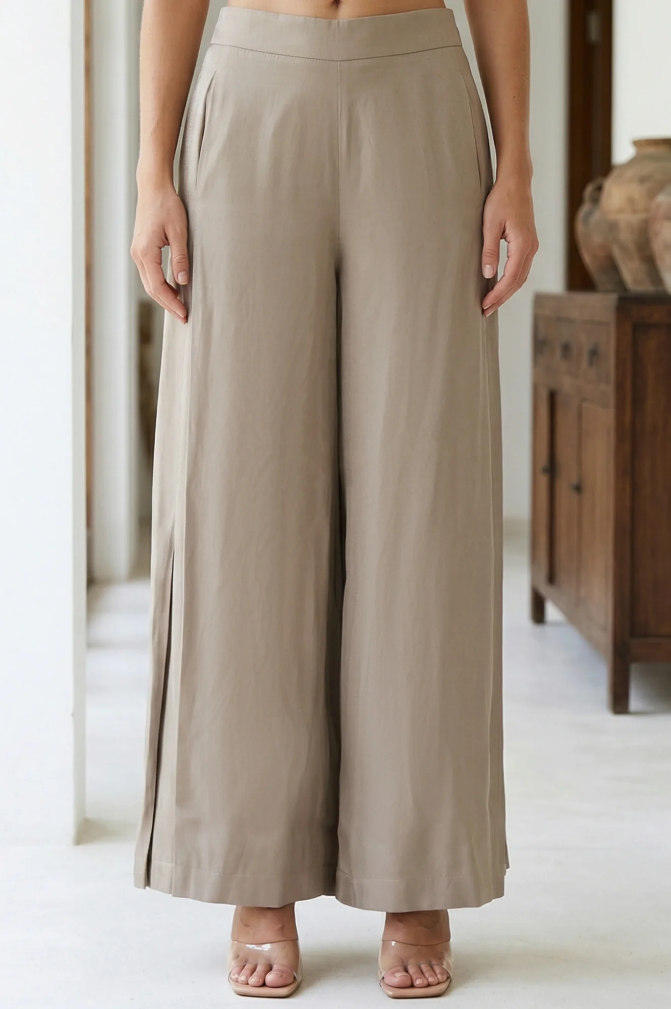 Elleven Women's Beige Yarn Dyed Solid Rayon Wide Leg Palazzo