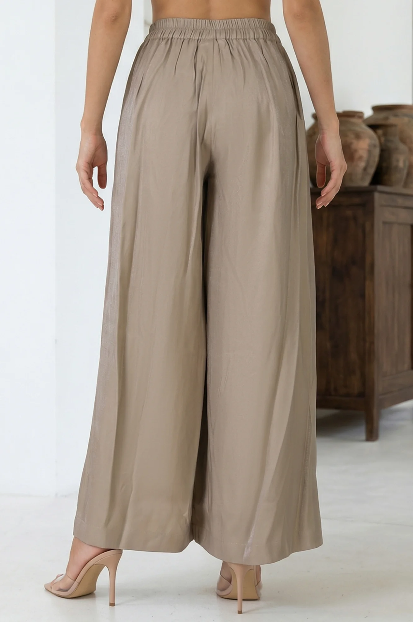 Elleven Women's Beige Yarn Dyed Solid Rayon Wide Leg Palazzo - Image 3