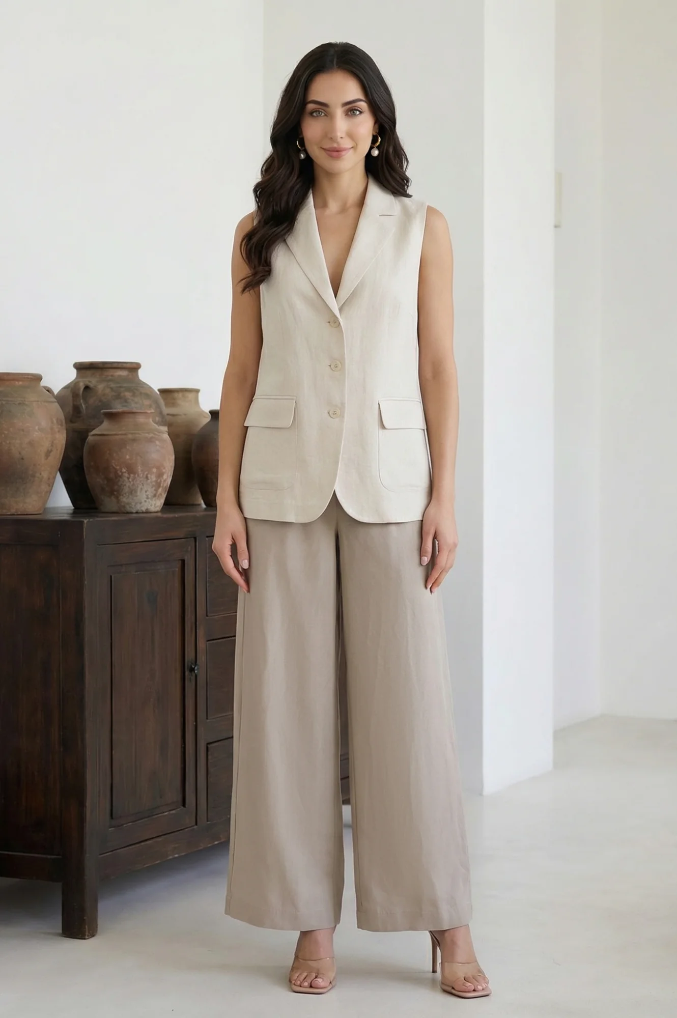 Elleven Women's Beige Yarn Dyed Solid Rayon Wide Leg Palazzo - Image 4