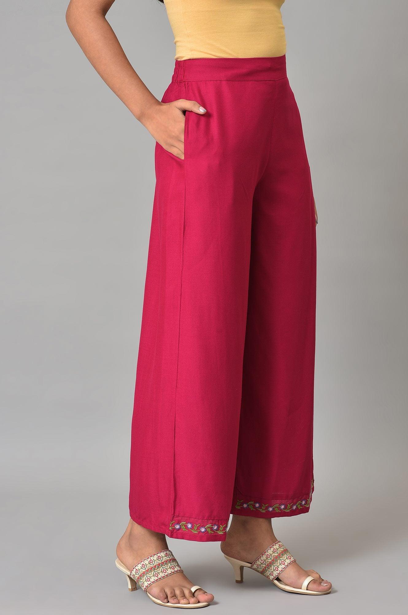 Berry Pink Embroidered Parallel Pants - Image 4
