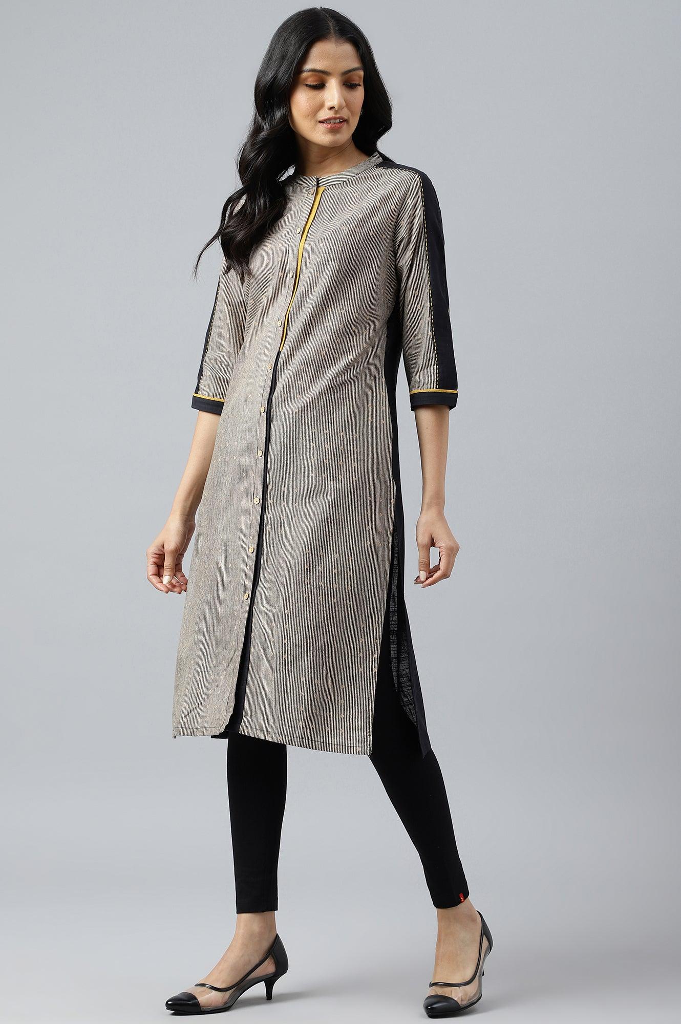Biege And Black Panelled kurta With Mustard Stich Line - Image 3