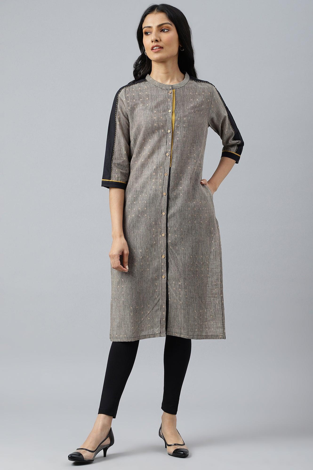 Biege And Black Panelled kurta With Mustard Stich Line - Image 5