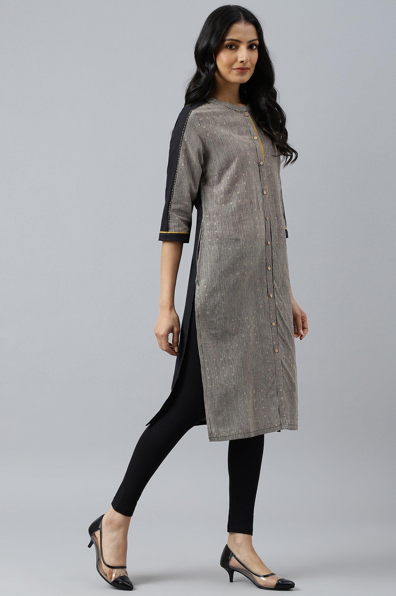 Biege And Black Panelled kurta With Mustard Stich Line - Image 6