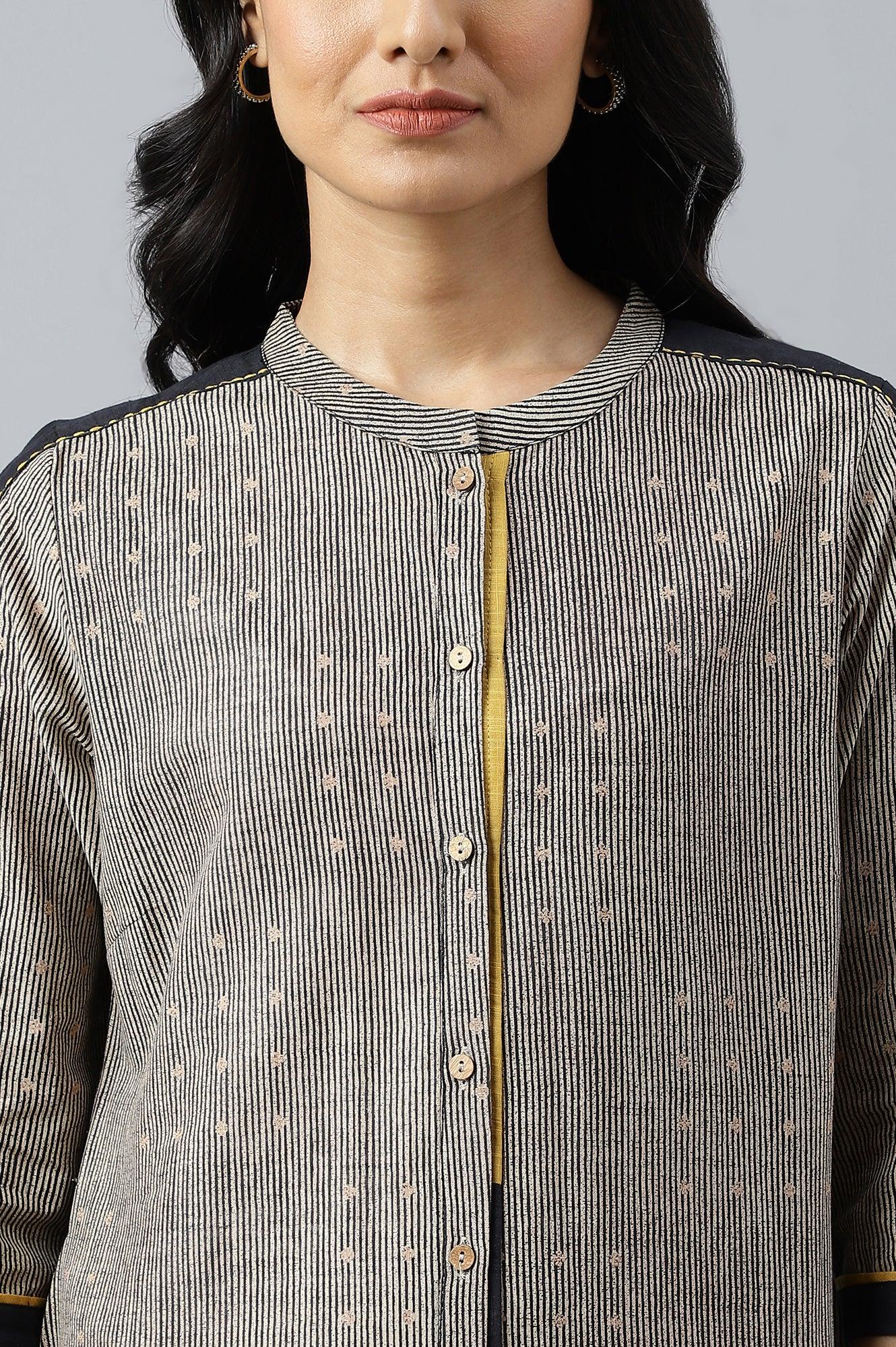 Biege And Black Panelled kurta With Mustard Stich Line - Image 8