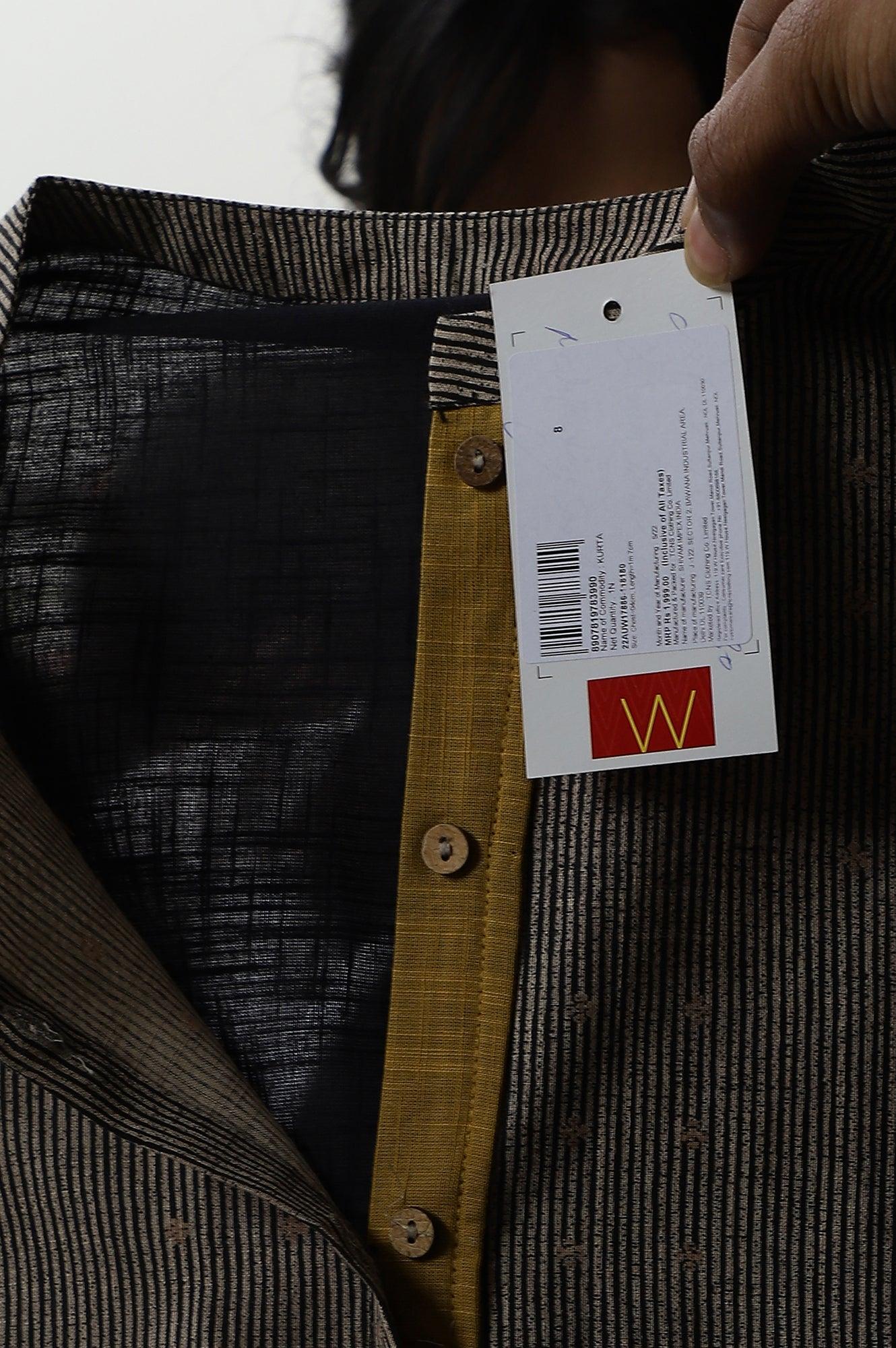 Biege And Black Panelled kurta With Mustard Stich Line - Image 9