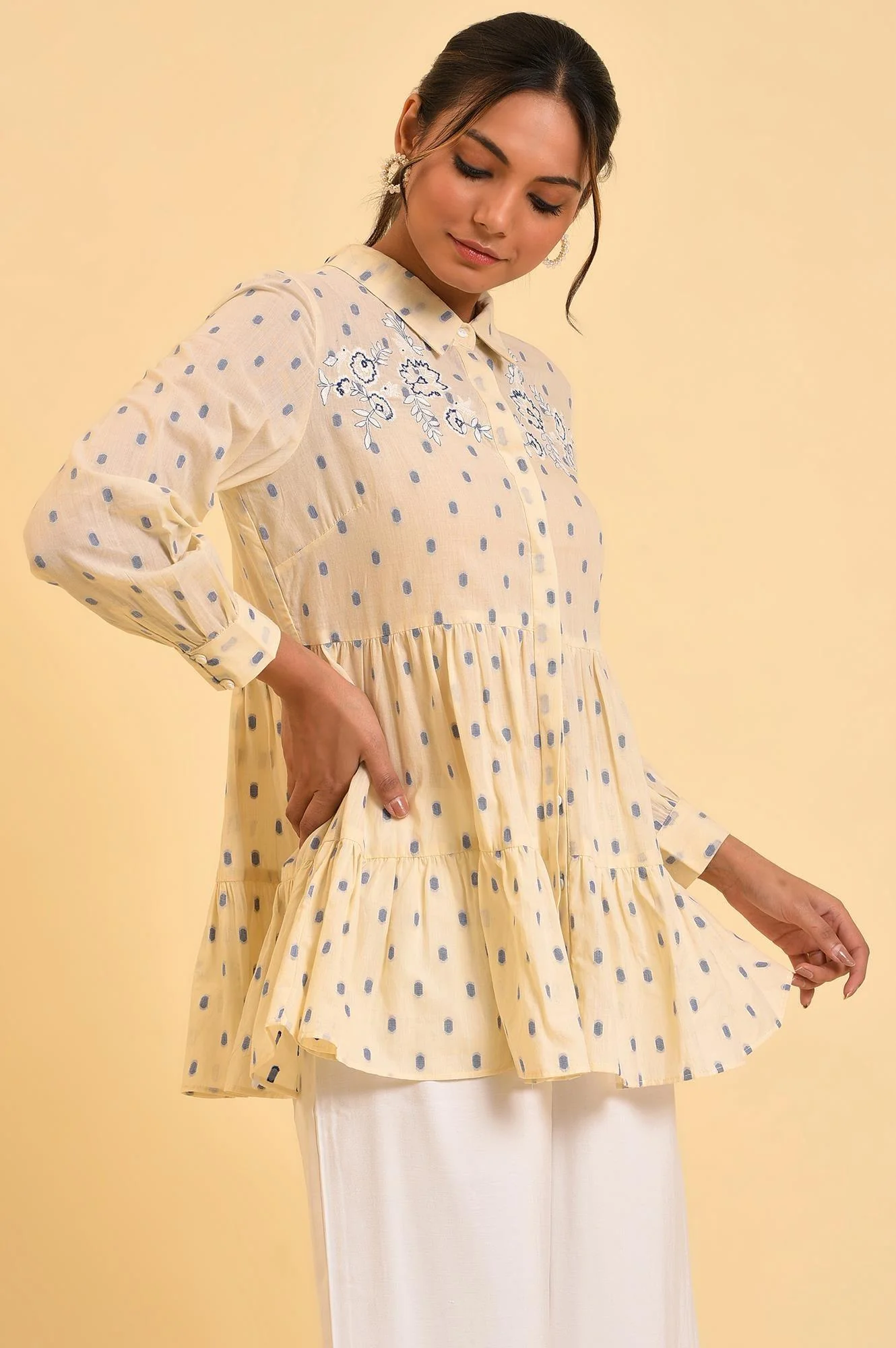 Biege Cotton Textured Top With Embroidery - Image 4