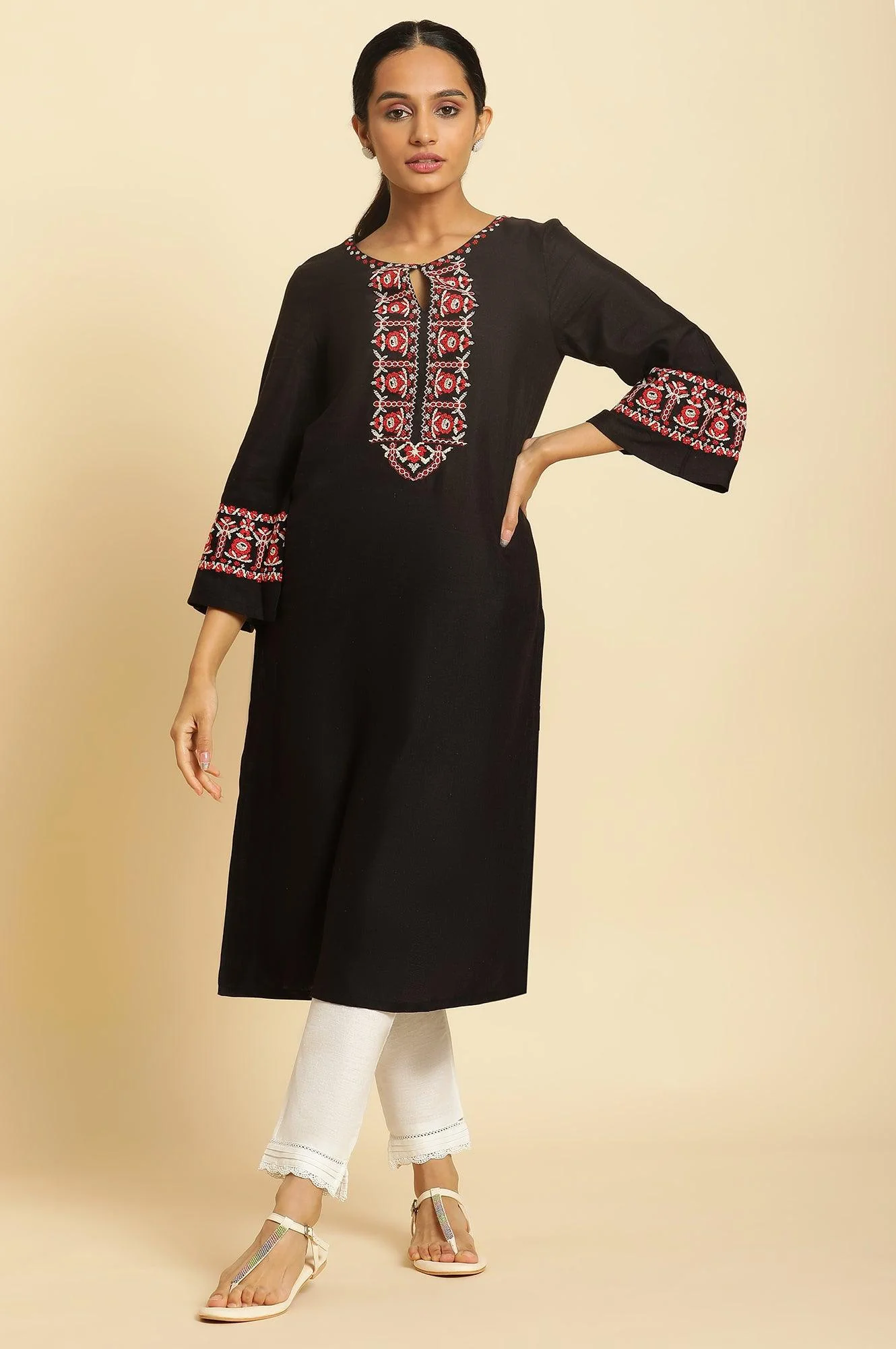 Black Thread Embroidered A-line Rayon Flax Kurta - Image 5