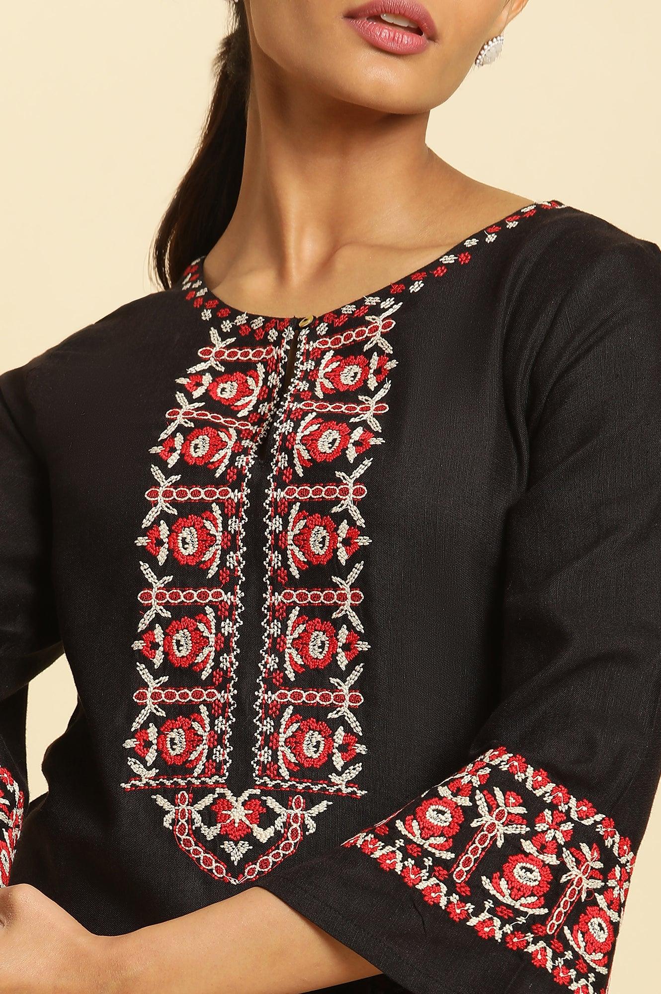 Black Thread Embroidered A-line Rayon Flax Kurta - Image 6
